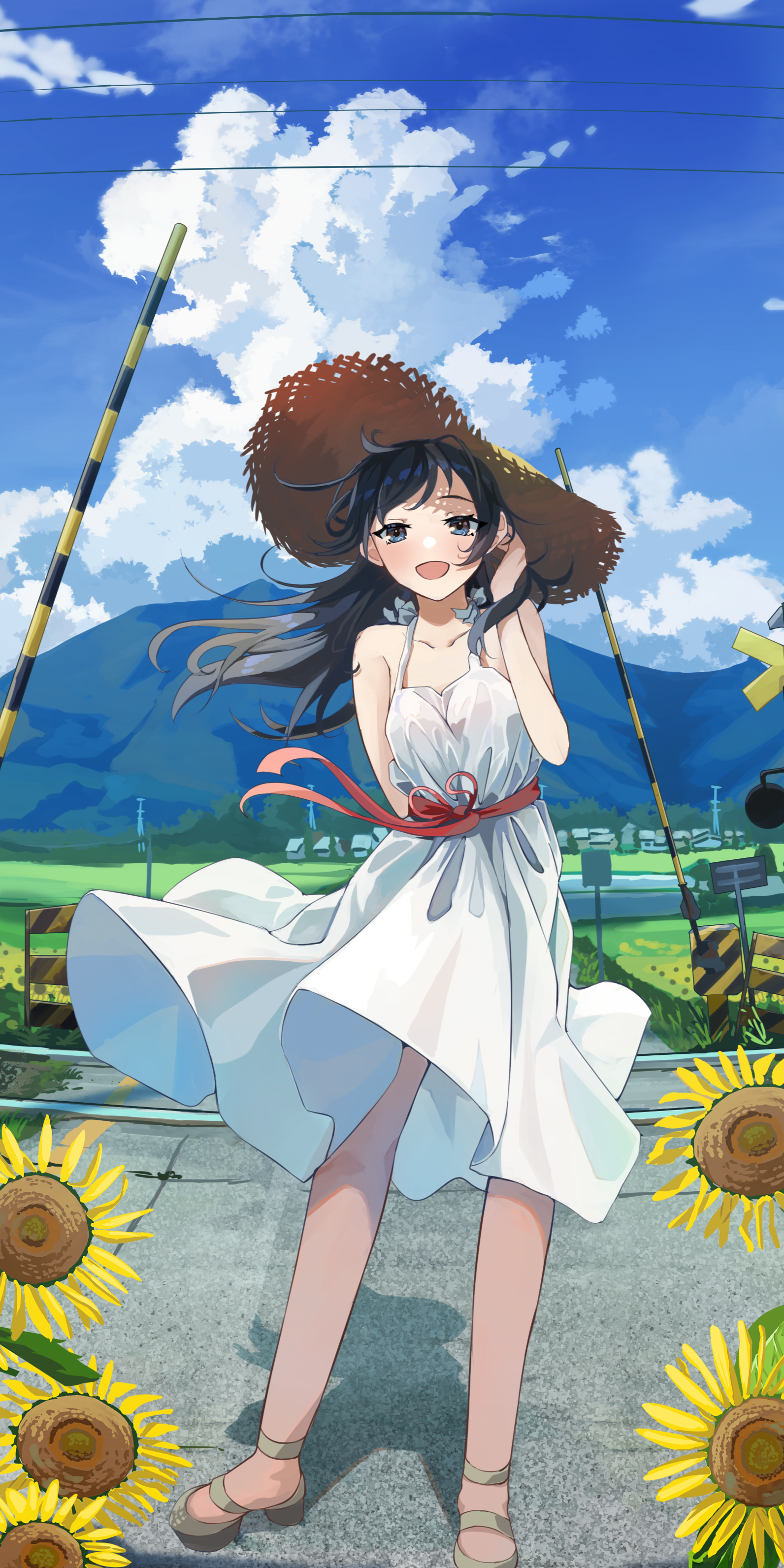 Anime 1592x3184 anime anime girls original characters solo artwork digital art fan art straw hat hat sunflowers