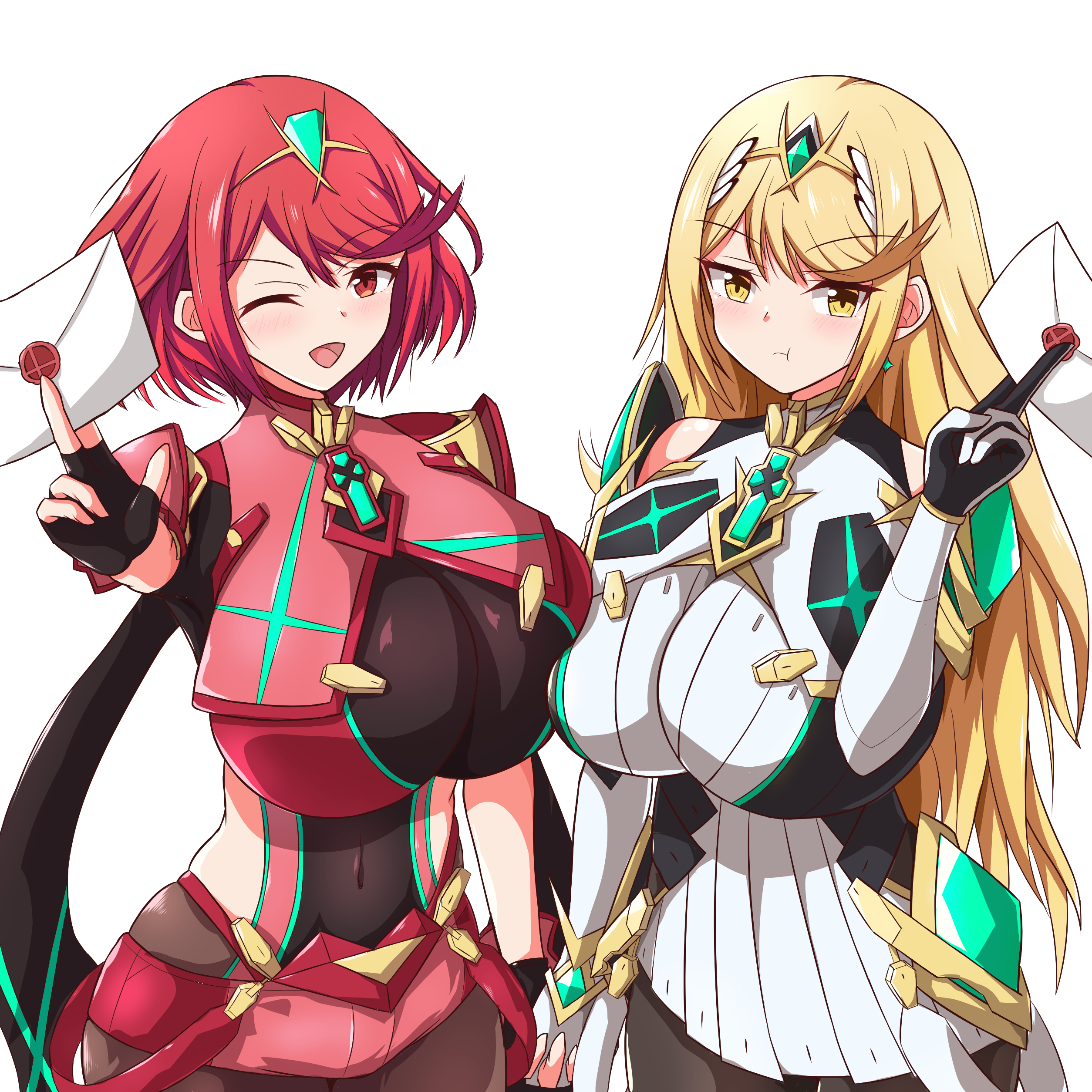 Anime 2508x2508 anime anime girls Xenoblade Chronicles Xenoblade Chronicles 2 Homura (Xenoblade 2) Hikari (Xenoblade Chronicles 2) redhead long hair blonde two women artwork digital art fan art boobs big boobs huge breasts bursting breasts curvy white background video games anime games video game girls shoulder length hair one eye closed red eyes letter yellow eyes looking at viewer