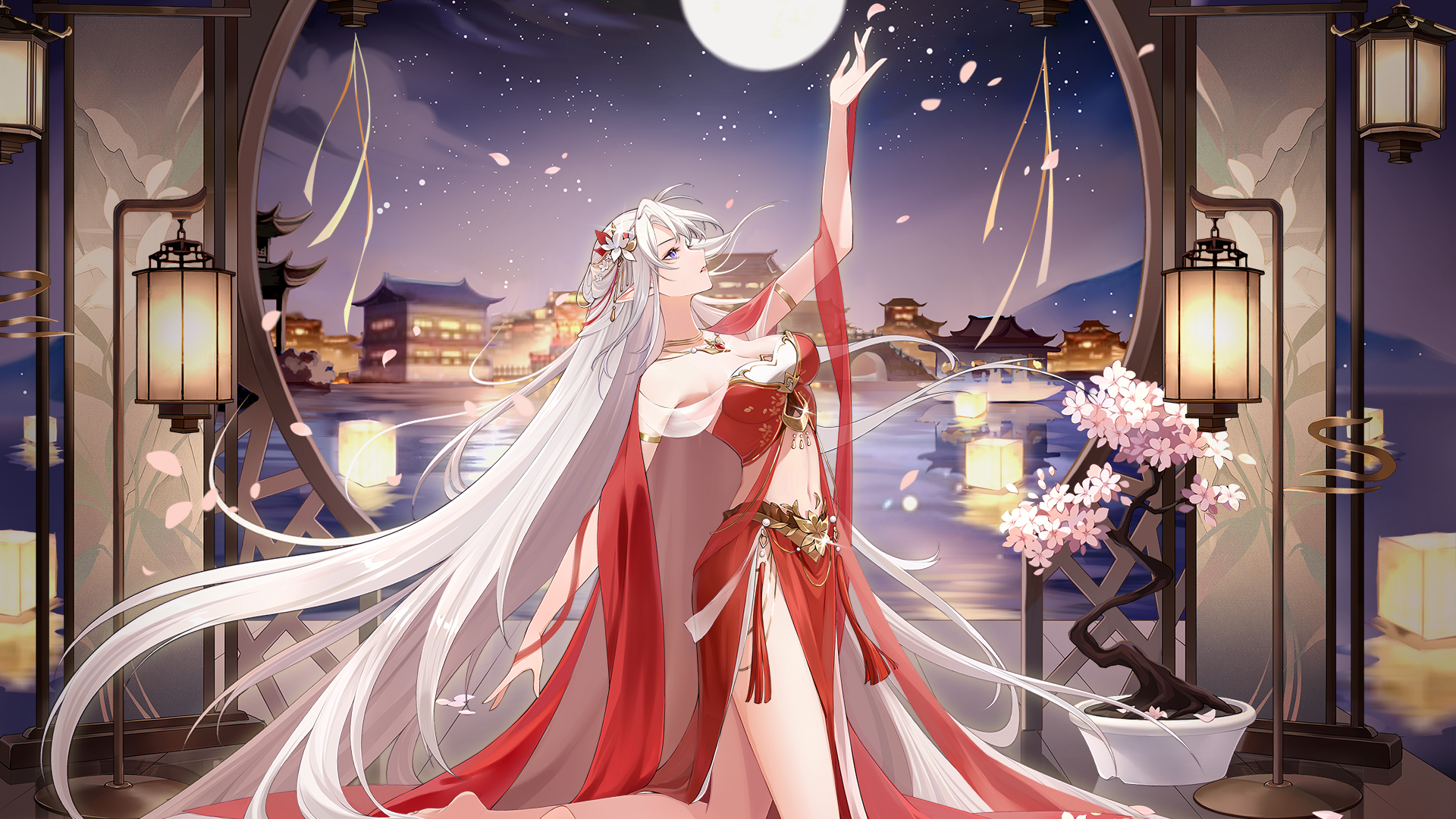 Anime 1920x1080 Aura star chinese clothing chinese dress anime girls long hair lantern pointy ears water belly four fingers