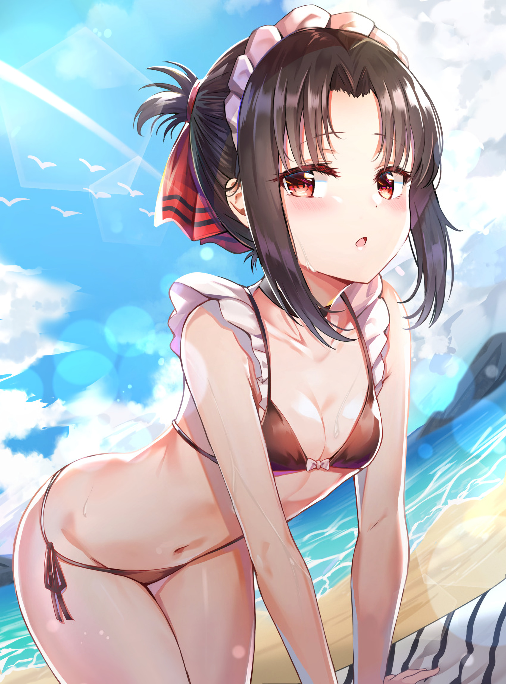 Anime 1700x2296 anime girls anime Kaguya Shinomiya Kaguya-Sama: Love is War bikini small boobs red eyes clouds sky bent over sand beach birds choker