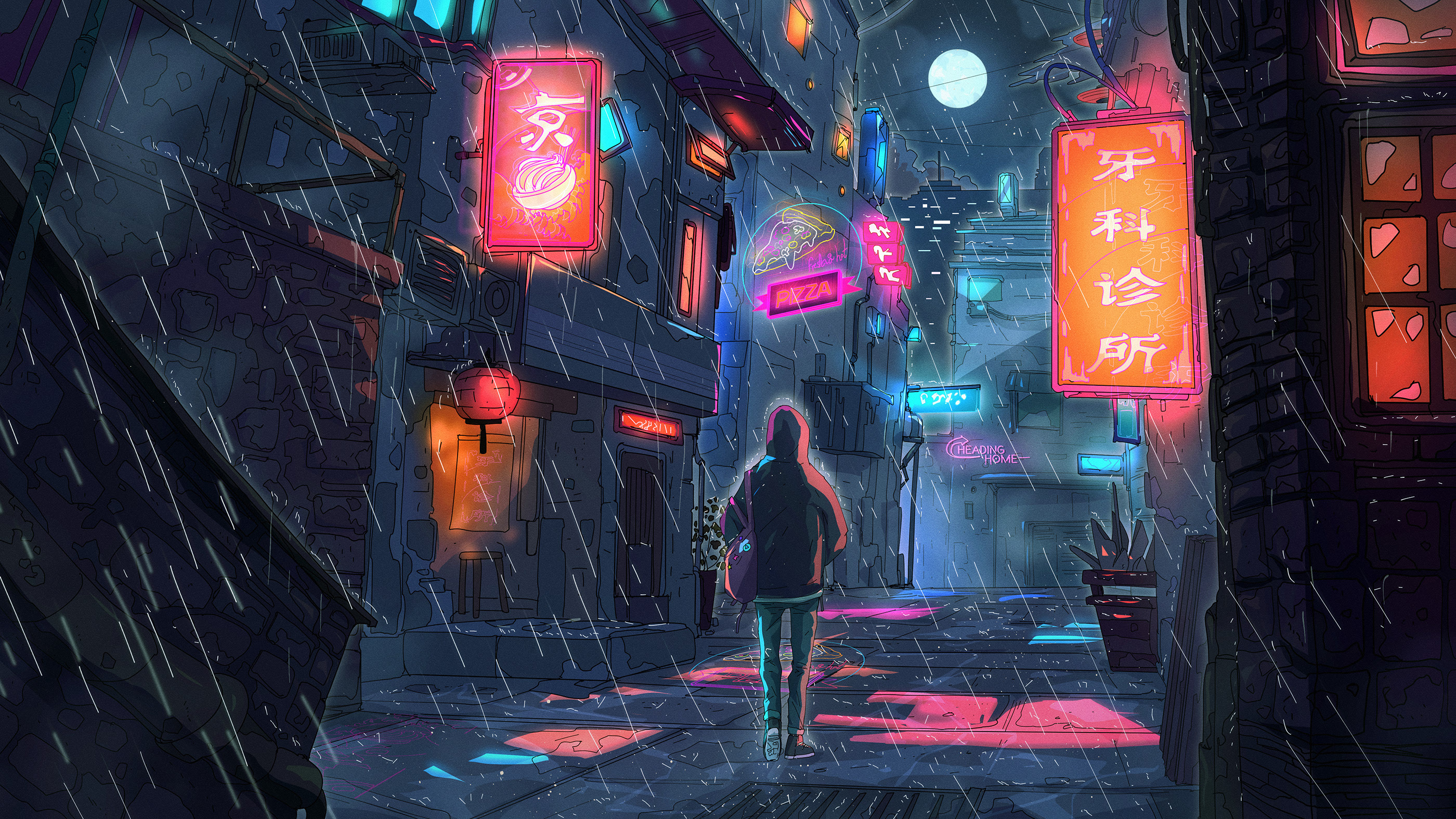 General 2800x1575 digital art illustration artwork drawing fantasy art Ukiyo-e street night rain neon Christian Benavides