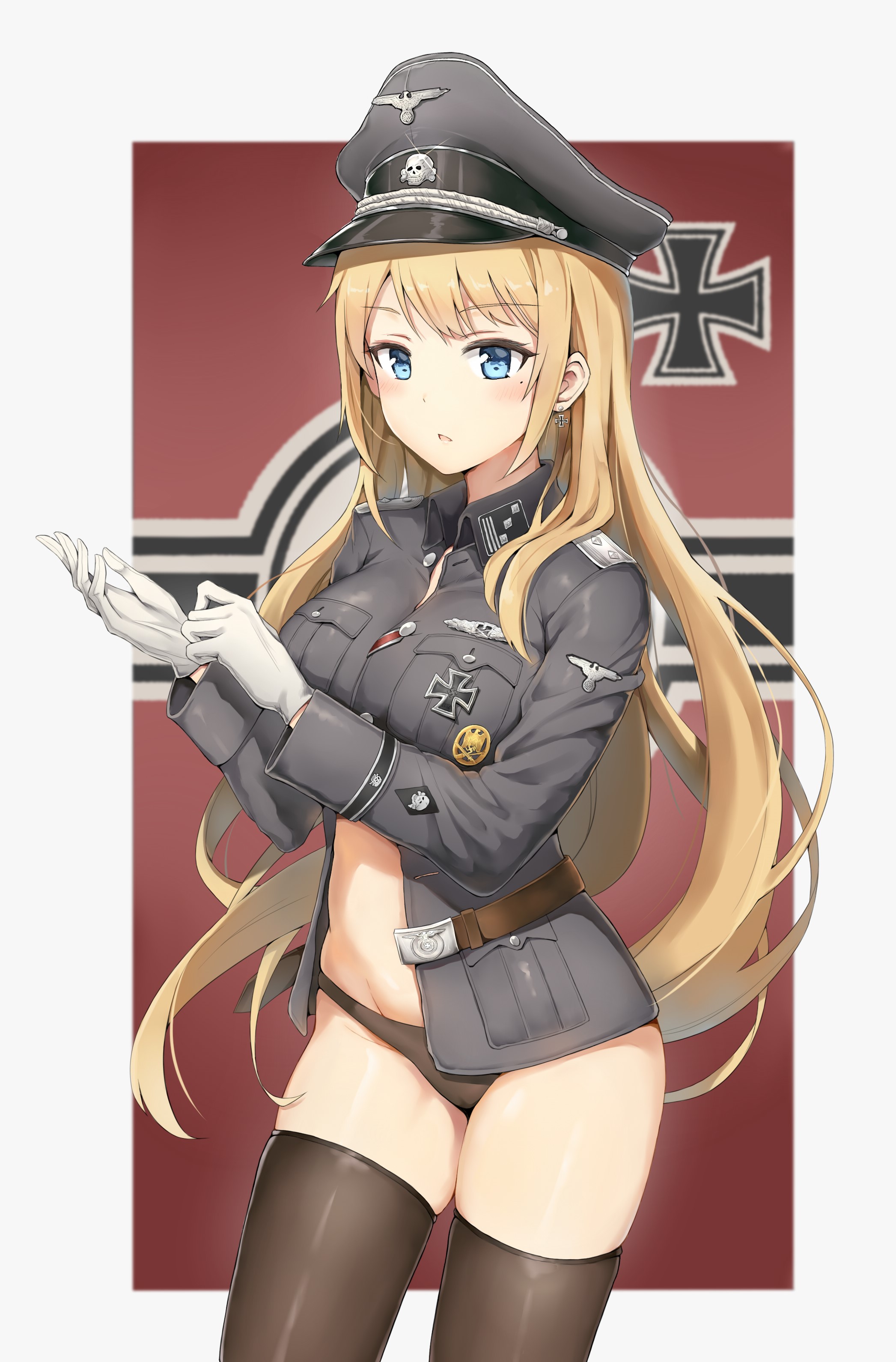 Anime 2093x3180 original characters anime girls blue eyes long hair waffen ss Iron Cross military uniform Military Hat hat gloves German German Flag Nazi