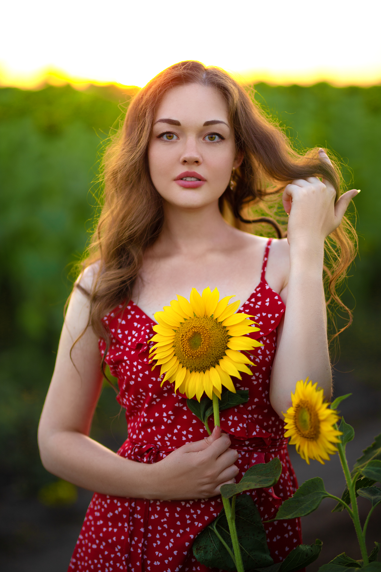 People 1280x1920 Aleksey Lozgachev women brunette dress makeup red clothing holding hair sunflowers portrait display