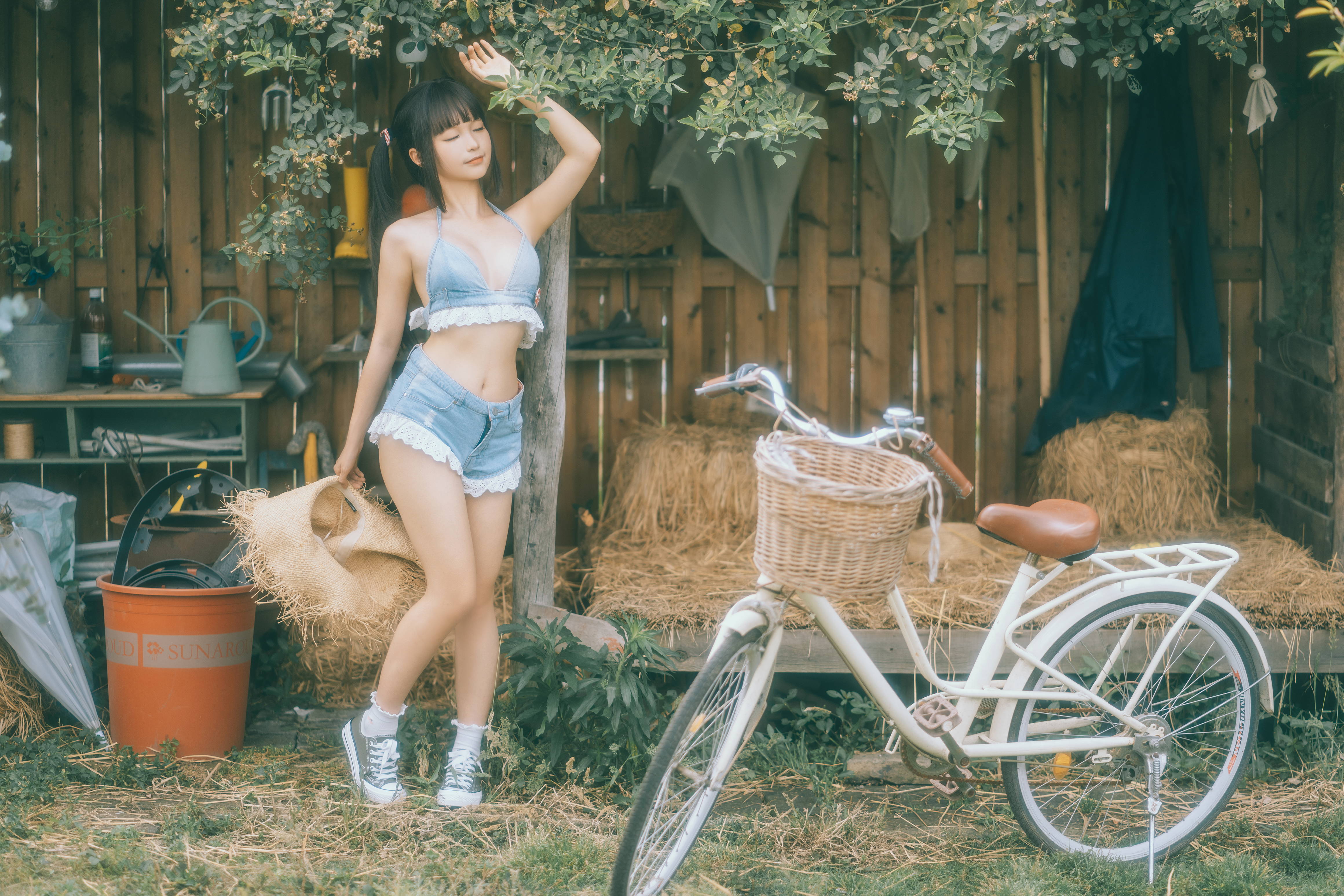 People 4641x3094 Chun Momo women model Asian brunette twintails denim jean shorts bicycle women outdoors