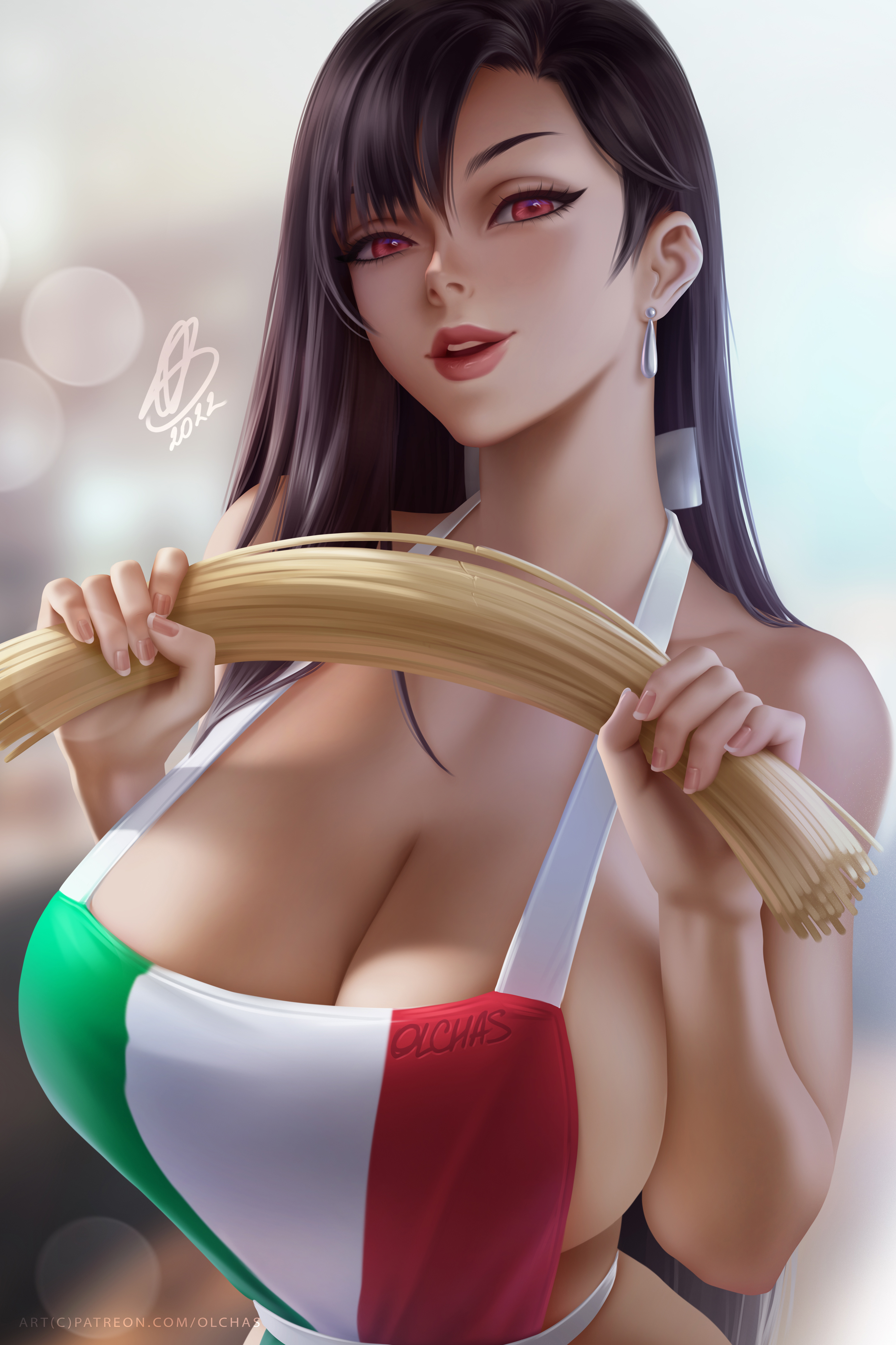 General 2600x3900 Tifa Lockhart Final Fantasy video games video game girls spaghetti big boobs huge breasts 2D artwork drawing fan art OlchaS looking at viewer cleavage brunette boobs pasta partially clothed apron naked apron