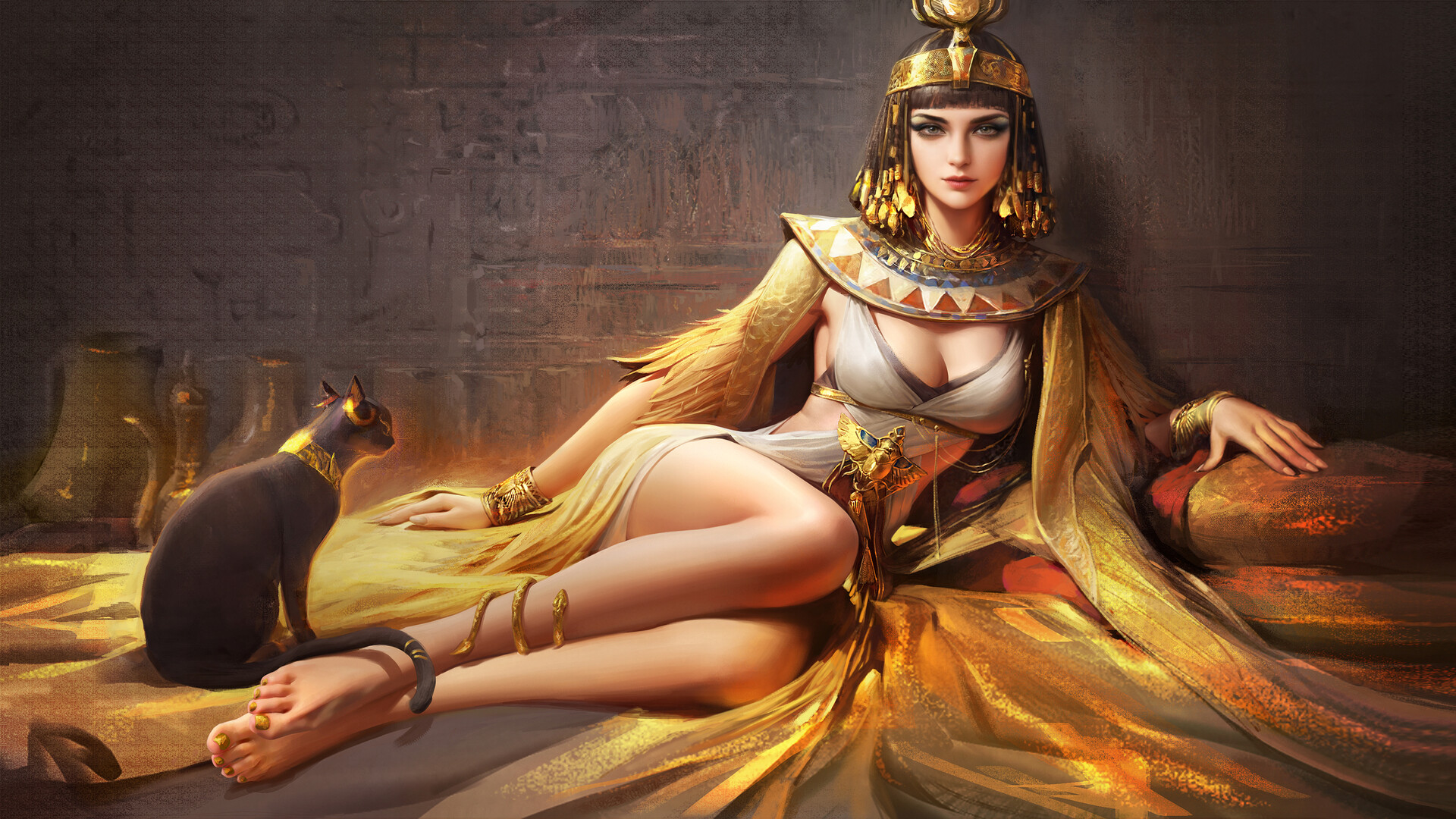 General 1920x1080 MuSi drawing women Egyptian glamour gold cats feathers legs Cleopatra oriental