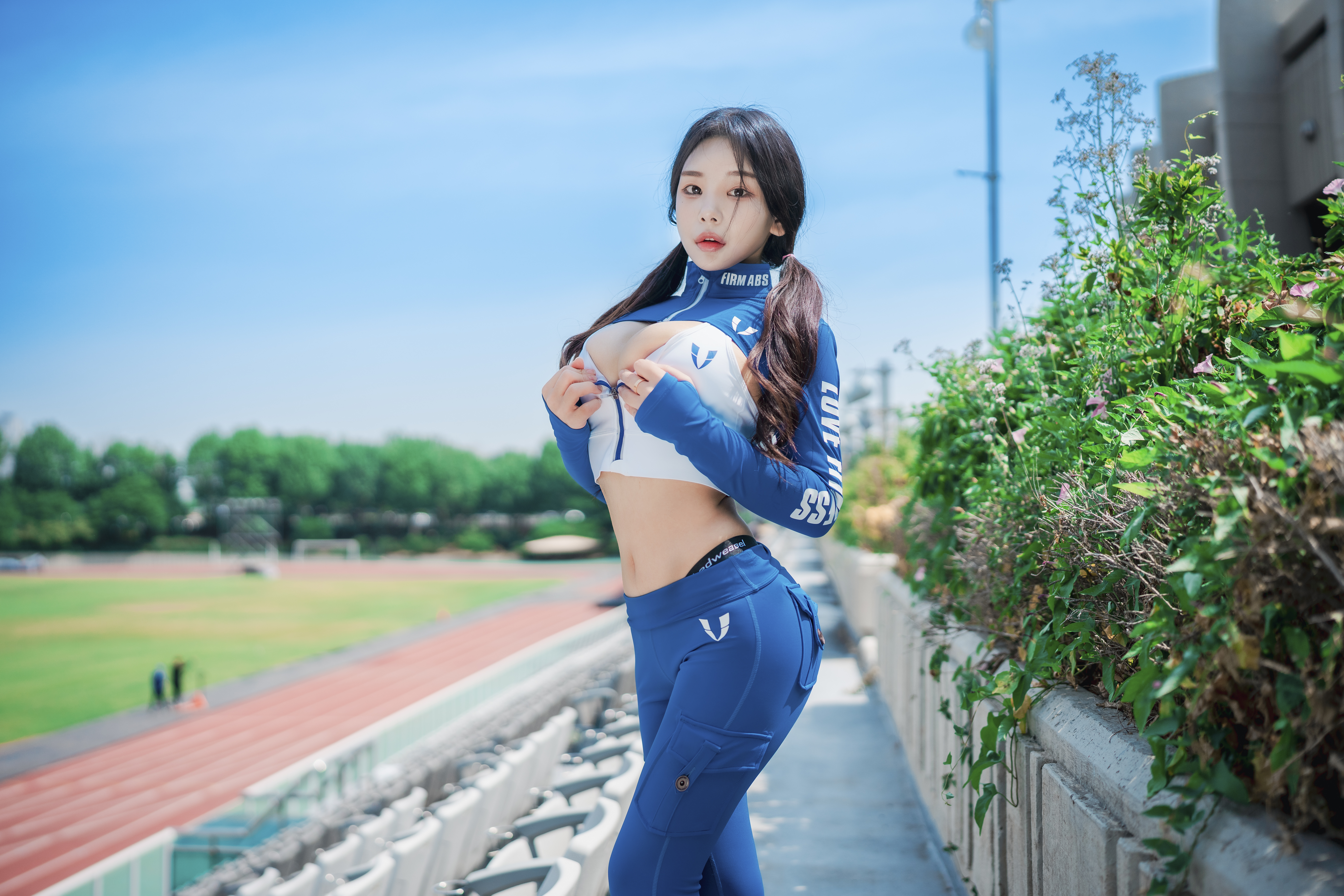 People 8640x5760 ZZYuri DJAWA women model Asian Korean women gym clothes sportswear brunette twintails women outdoors cleavage huge breasts