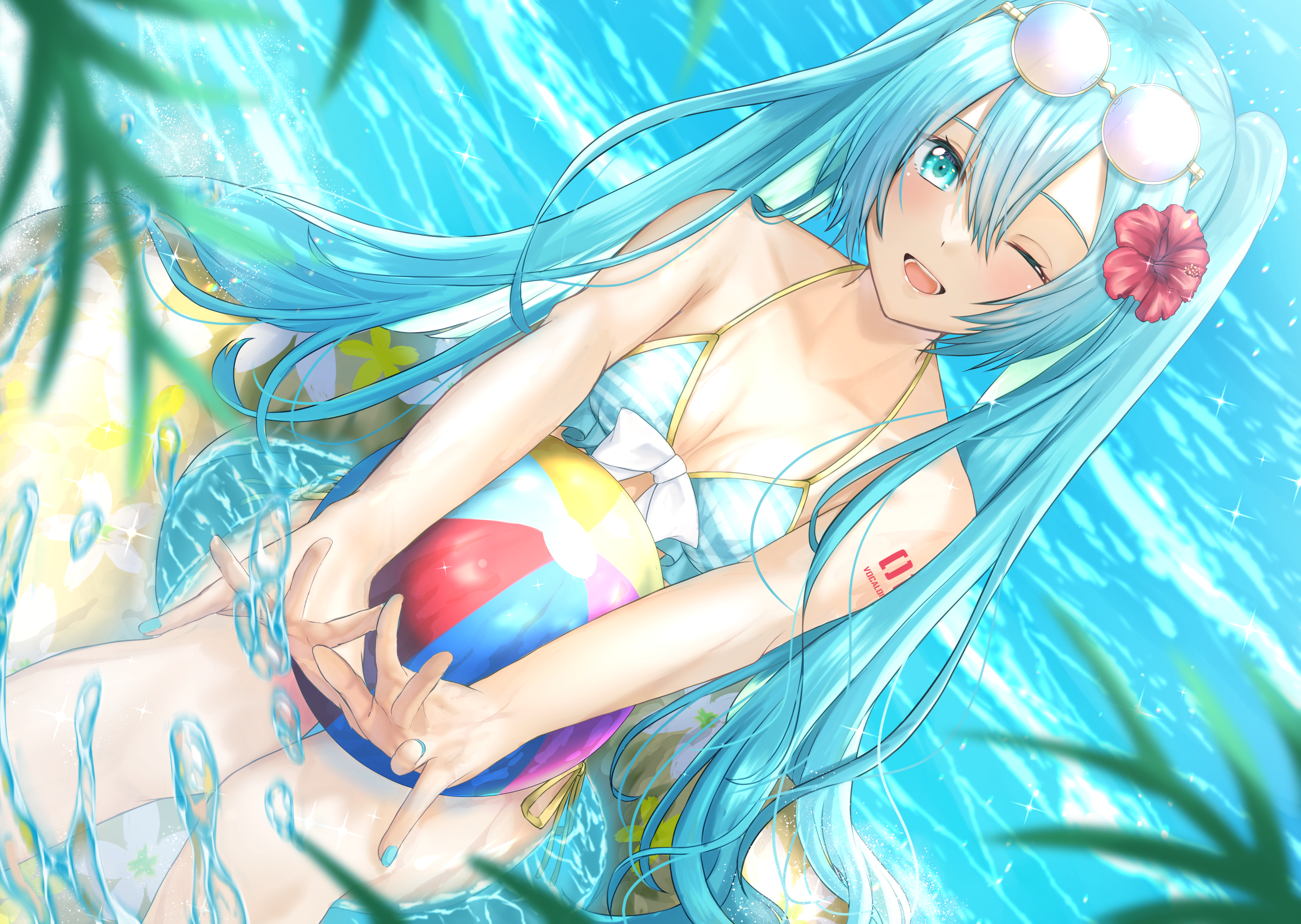 Anime 3991x2834 anime anime girls swimwear bikini Vocaloid sunglasses blue hair blue eyes beach ball Hatsune Miku floater