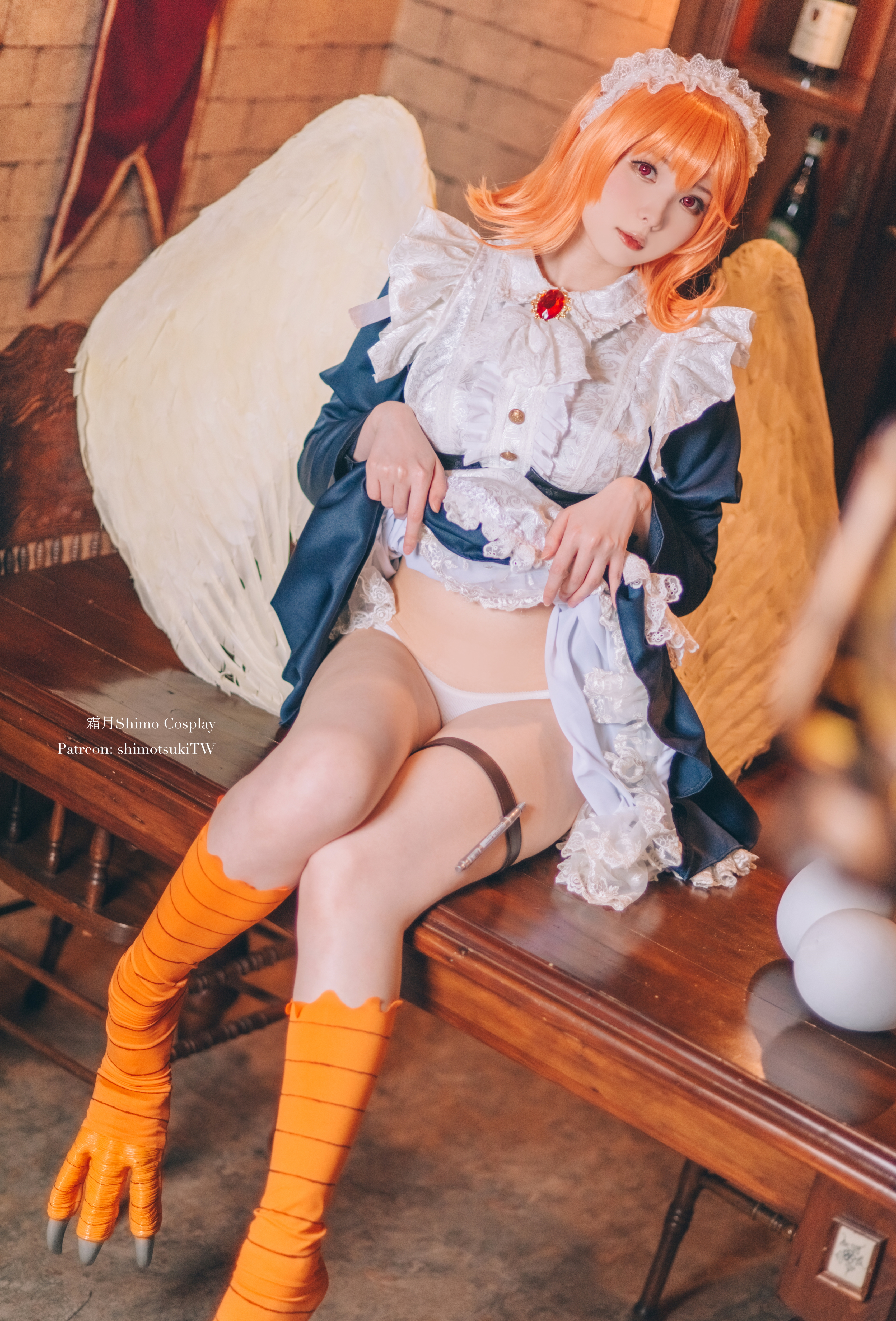People 3392x5000 Shimo Cosplay women model Asian Meidri Interspecies Reviewers anime anime girls maid maid outfit monster girl wings women indoors eggs underwear panties lifting dress cosplay