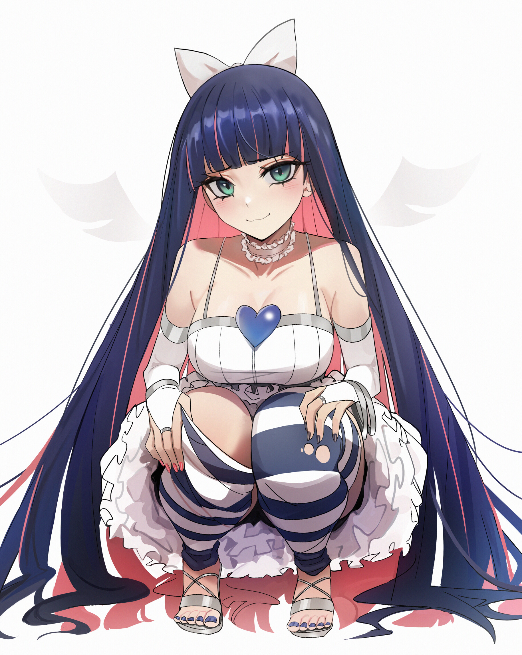 Anime 1829x2292 anime women anime girls long hair dark hair squatting smiling white background simple background stockings striped stockings looking at viewer painted toenails Panty and Stocking with Garterbelt Anarchy Stocking