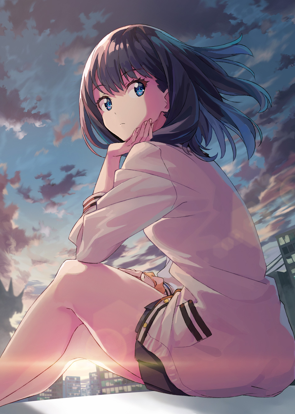 Anime 950x1332 anime anime girls blue eyes Takarada Rikka SSSS.GRIDMAN K-me dark hair sitting cityscape sky clouds