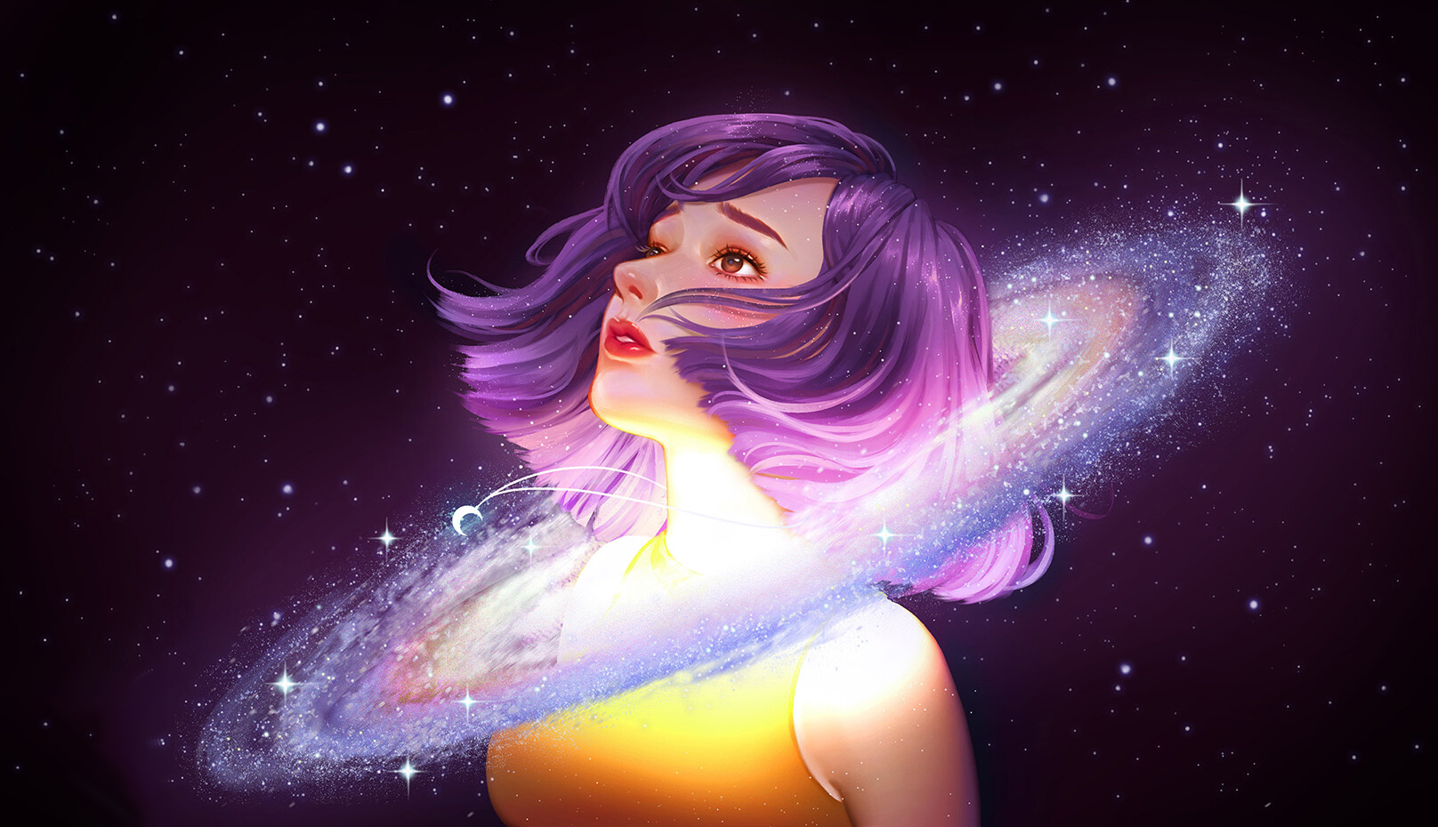 General 1616x930 digital art galaxy nebula women purple background purple hair stars yellow shirt