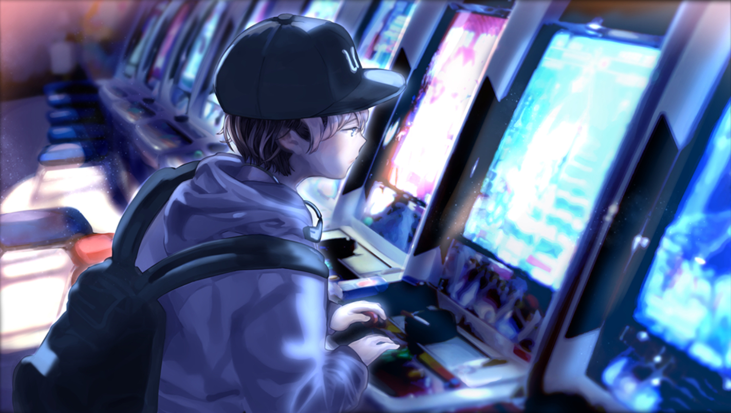 Anime 1423x803 men arcade  video games sweatshirts brunette hat backpacks bright short hair anime cyan