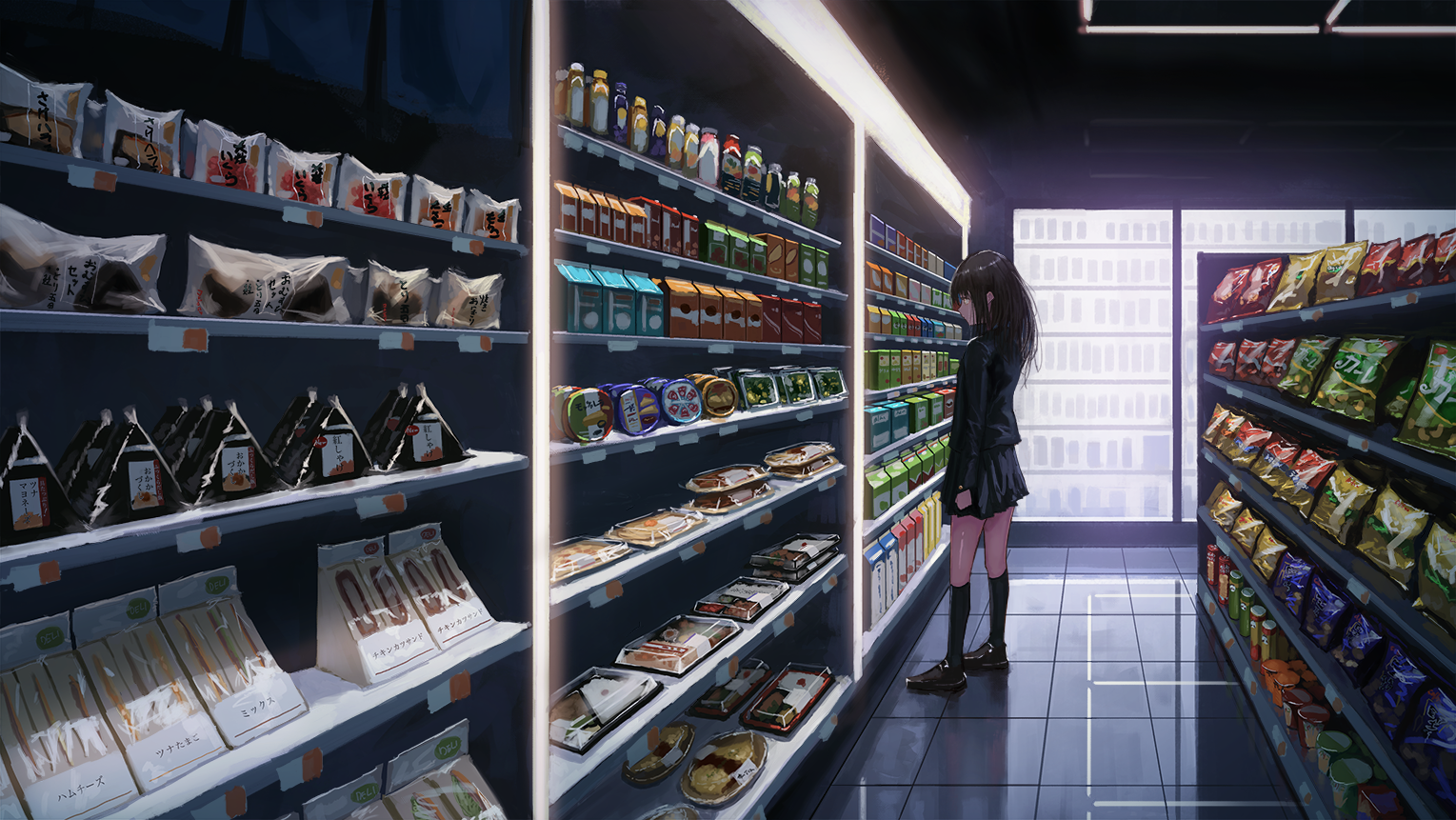 Anime 1529x861 stores food drink fridge anime lights chips kgmnx