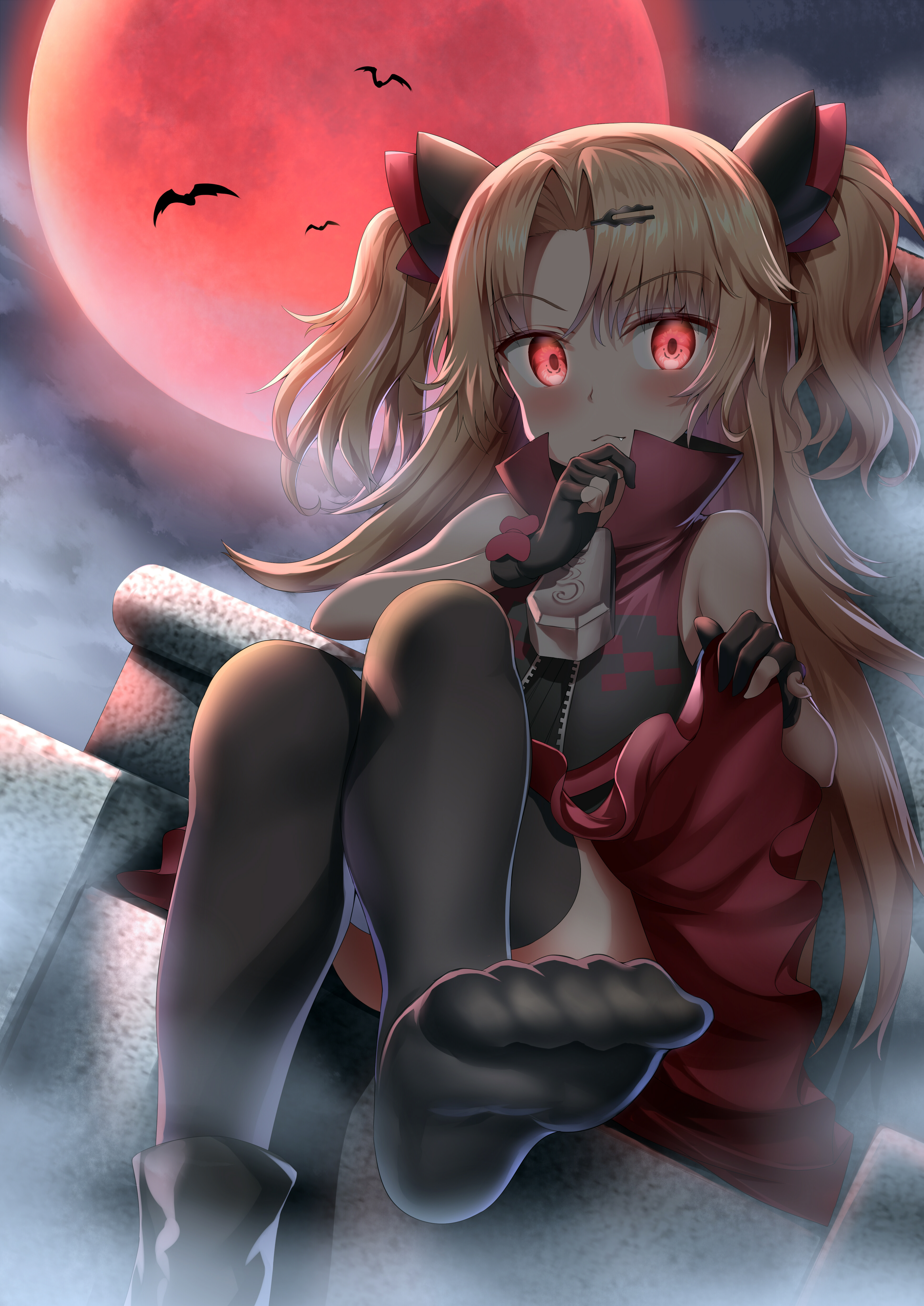 Anime 3509x4957 Halloween witch hat feet thigh-highs anime girls blonde Moon anime bats foot sole curled toes stockings black stockings portrait display