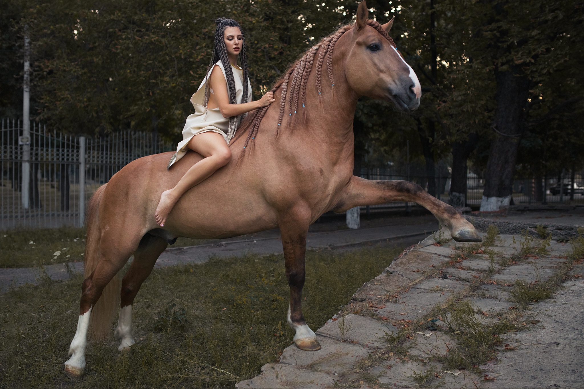 People 2048x1365 barefoot women outdoors Dmitry Shulgin animals horse women women with horse Kristina Romanova