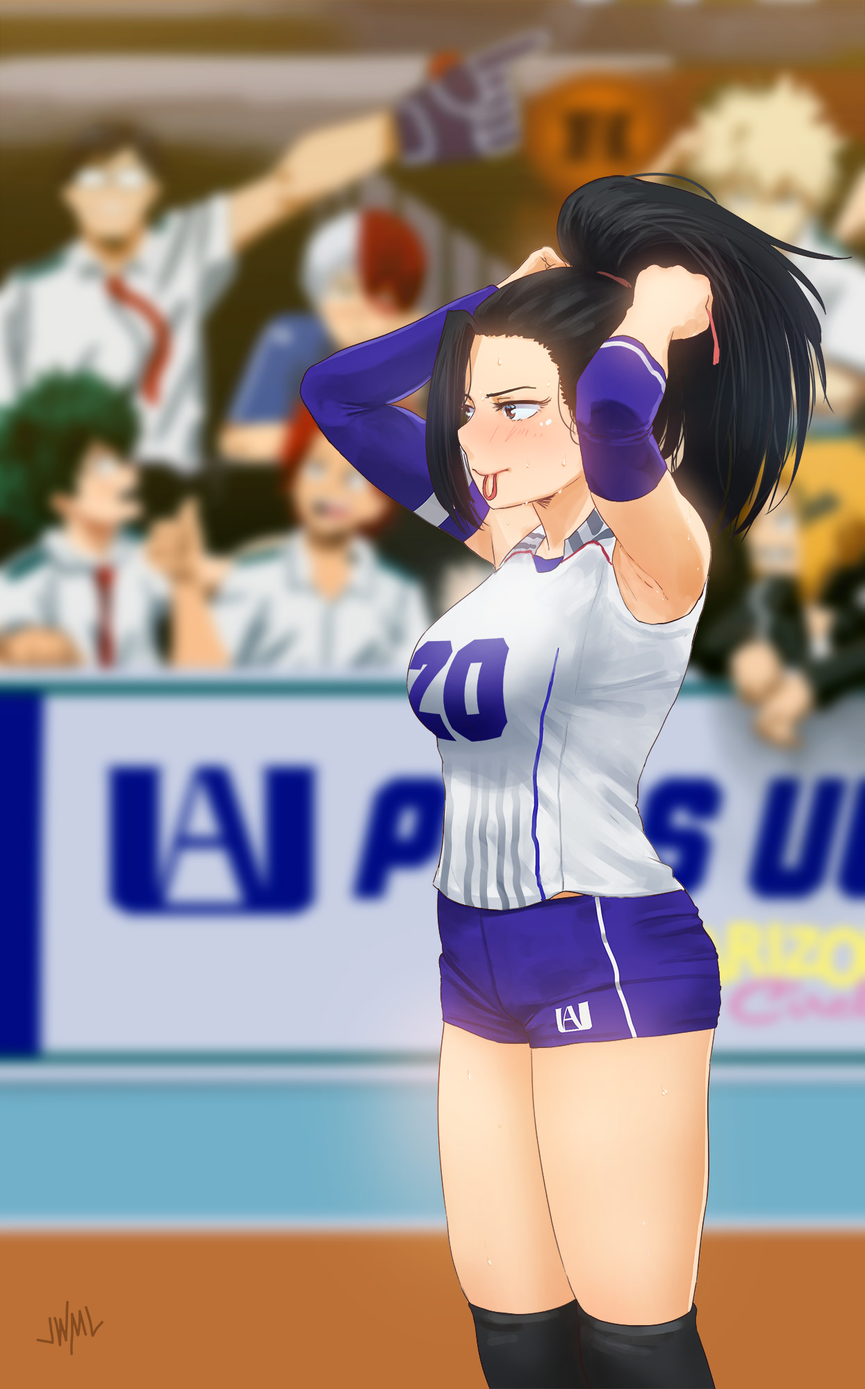 Anime 1245x2000 Boku no Hero Academia Momo Yaoyorozu volleyball anime girls hair ornament anime dark hair long hair ponytail sport athletes