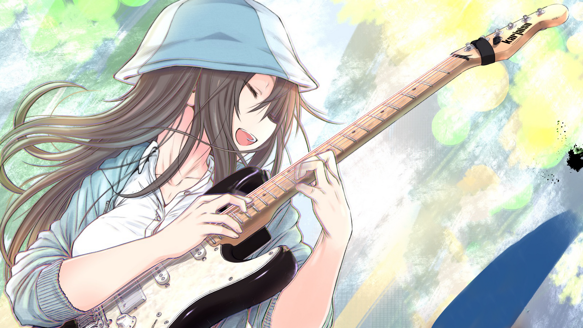 open mouth, anime girls, guitar, anime, musical instrument | 1920x1080  Wallpaper 