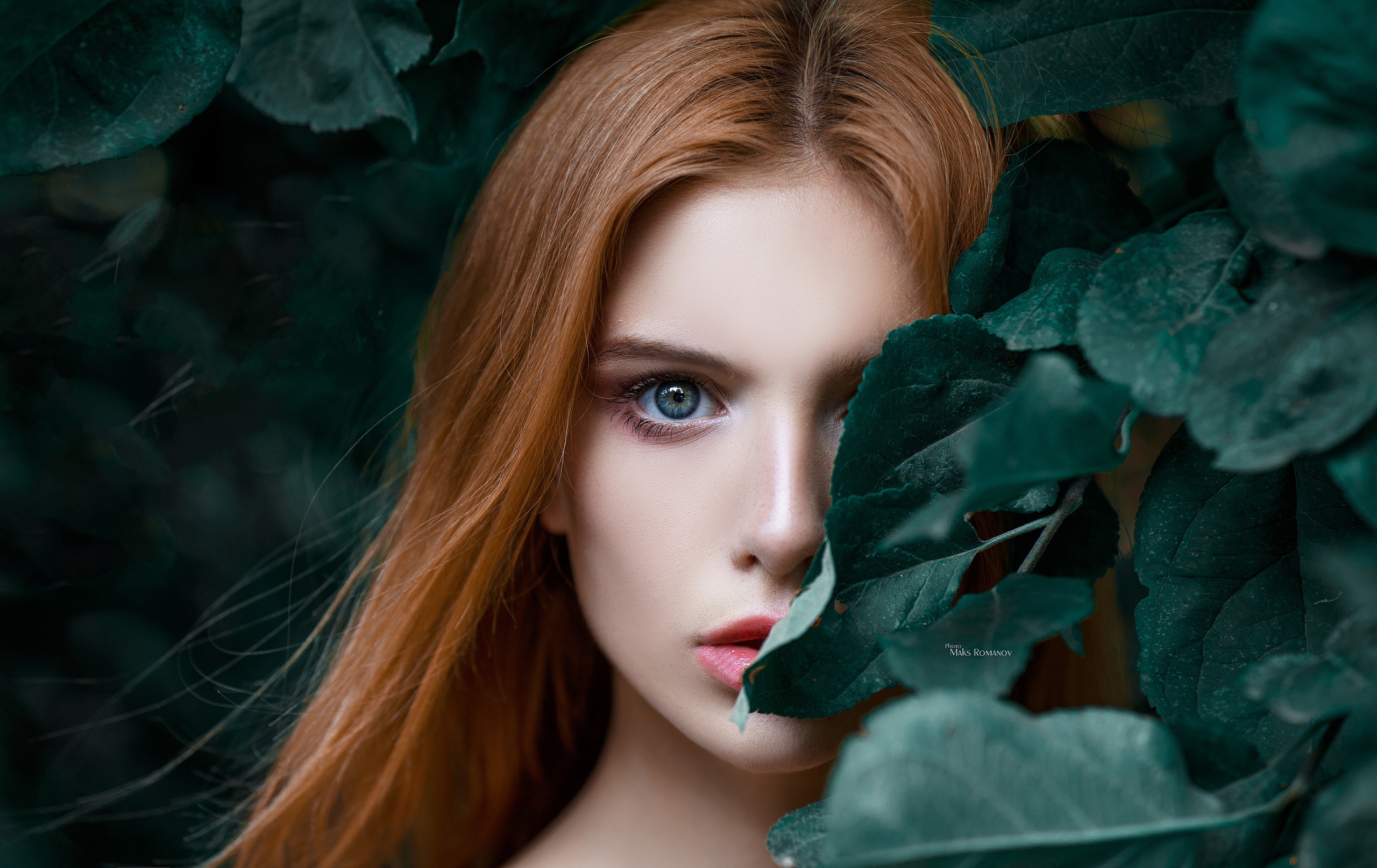 People 2560x1615 portrait model leaves women redhead closeup Maxim Romanov Tanya parted lips sensual gaze straight hair watermarked looking at viewer juicy lips frontal view blue eyes face one eye obstructed