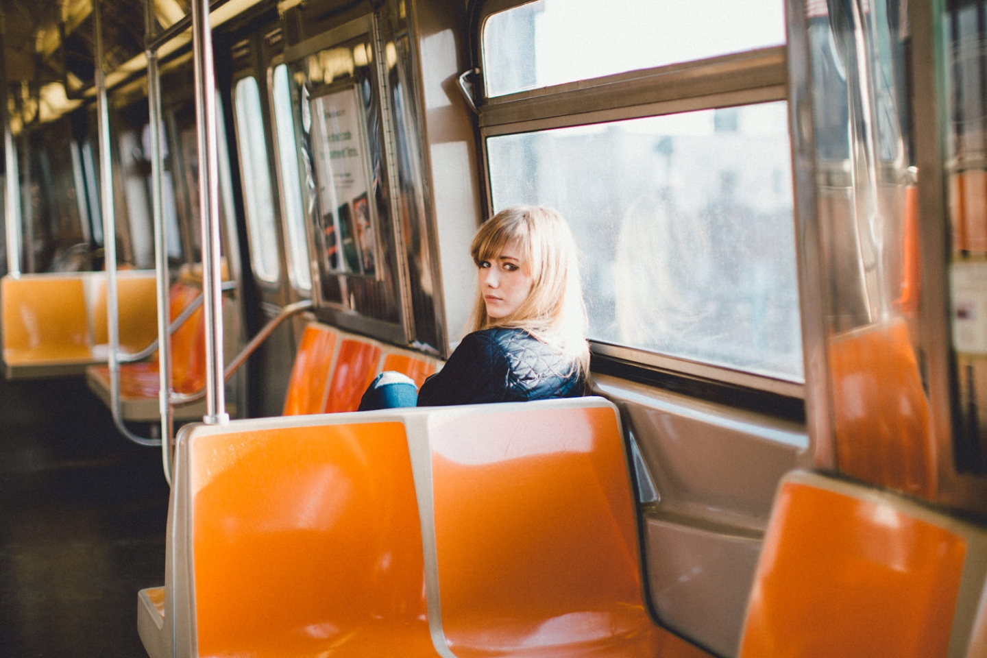 People 1440x960 people vehicle looking back women blonde subway sitting long hair New York City