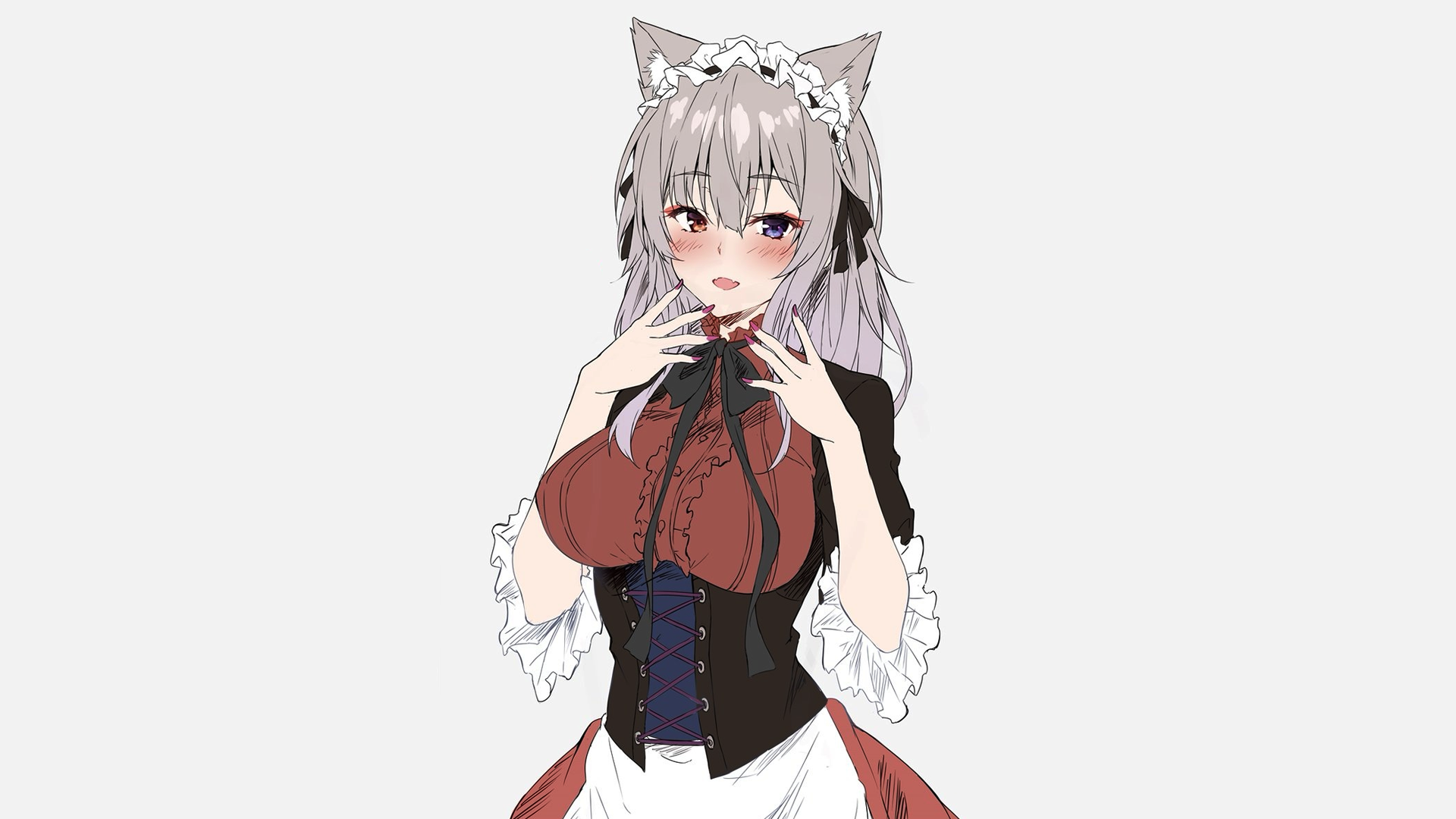 Anime 1920x1080 anime manga simple background minimalism maid cat girl gray hair anime girls heterochromia blushing looking at viewer maid outfit long hair painted nails cat ears