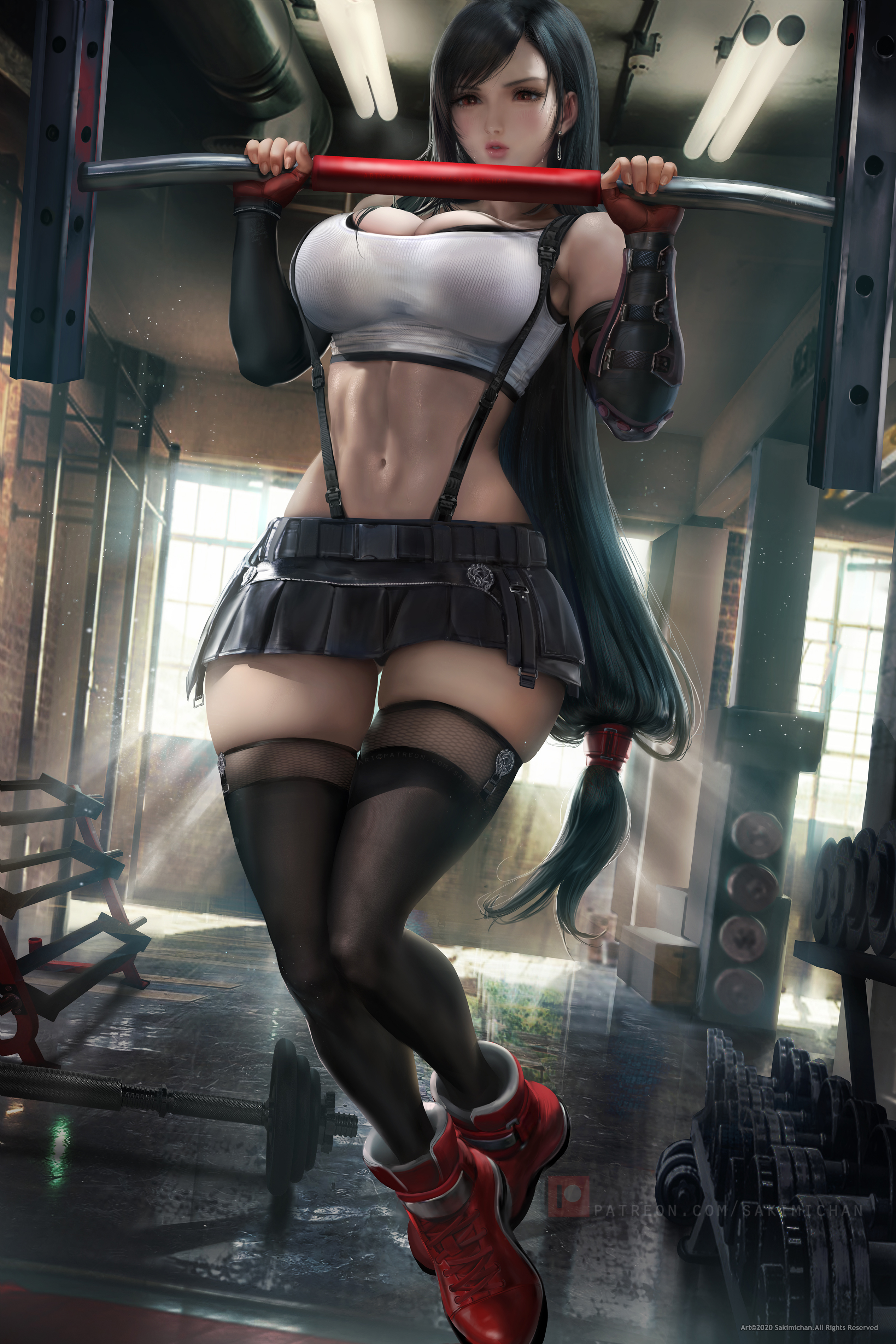 General 2535x3800 women fictional character exercise arm warmers cleavage suspenders belly miniskirt the gap thick thigh thigh-highs stockings black stockings boots red boots wide hips curvy video game characters video game girls fan art artwork drawing digital art illustration red eyes blushing sweat parted lips fishnet