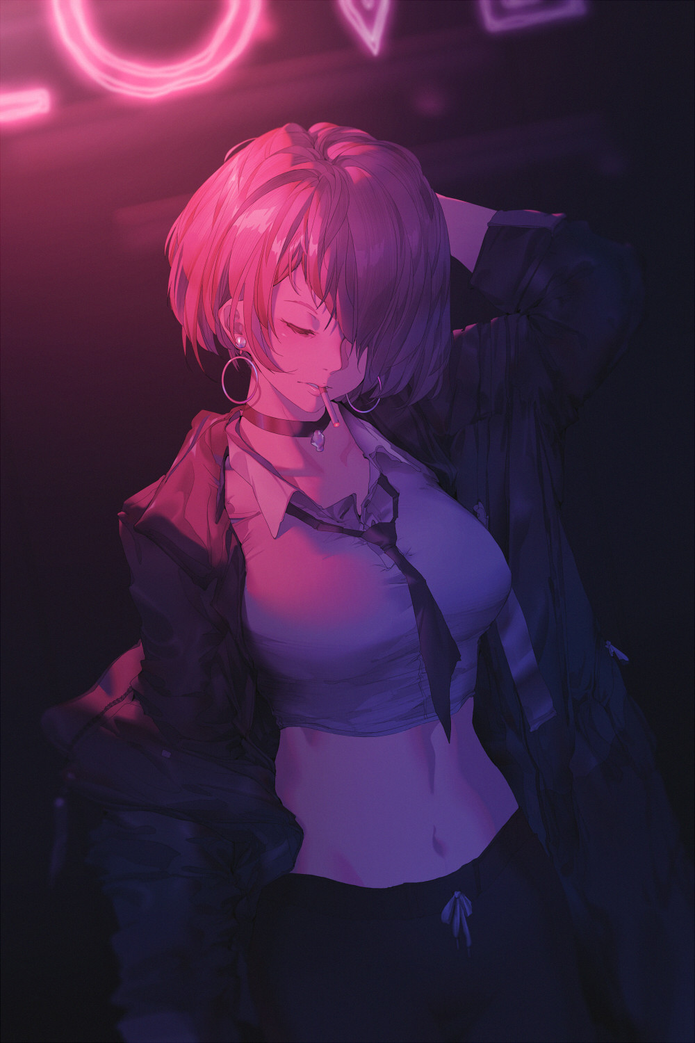 Anime 1000x1500 neon choker short hair arms up tie earring jacket anime necktie big boobs belly smoking cigarettes hands on head closed eyes fringe hair coats pink purple black pants depth of field anime girls Miv4t women