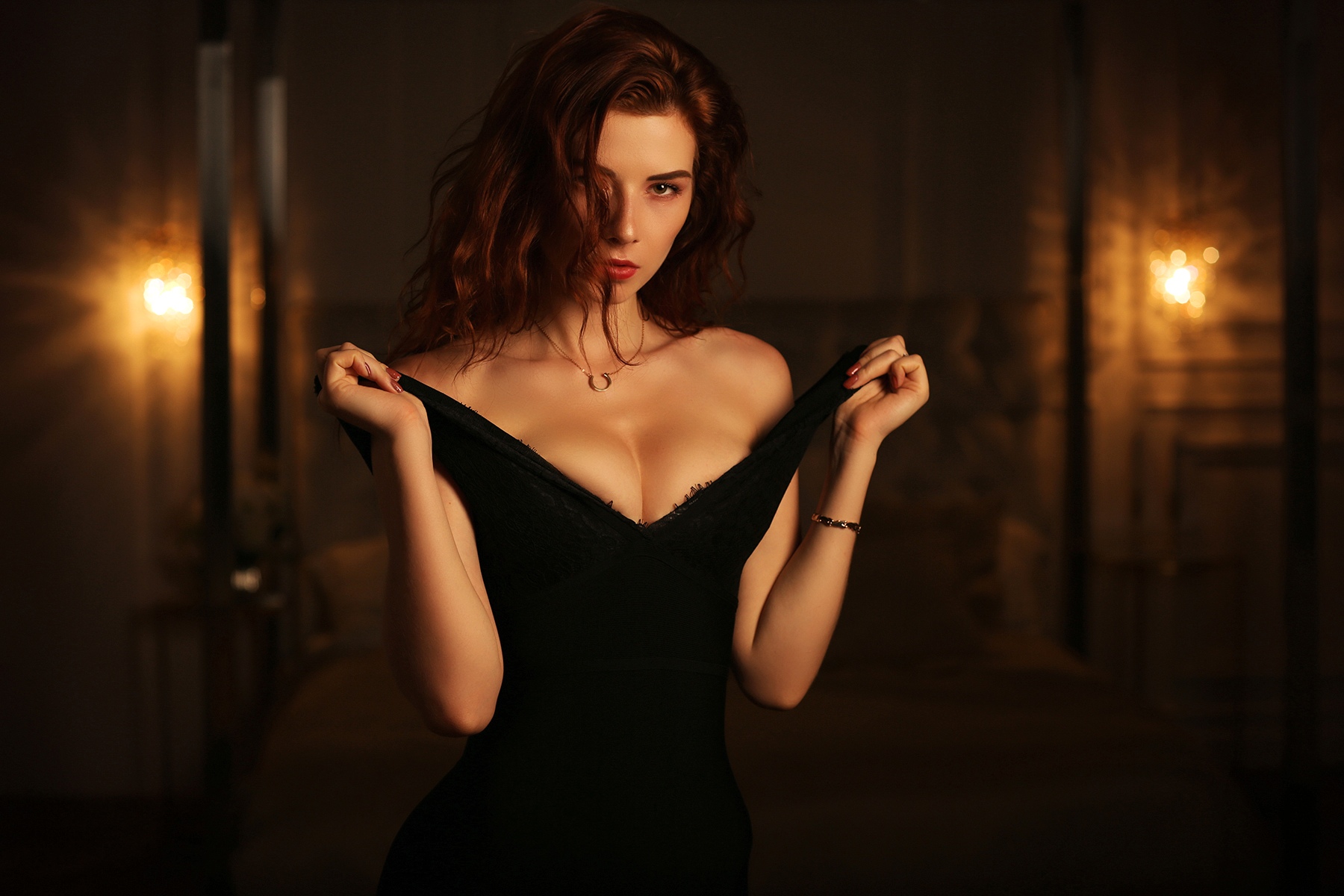 People 1800x1200 women Inga Sunagatullina portrait black dress boobs necklace redhead painted nails red lipstick cleavage bare shoulders sensual gaze aroused undressing