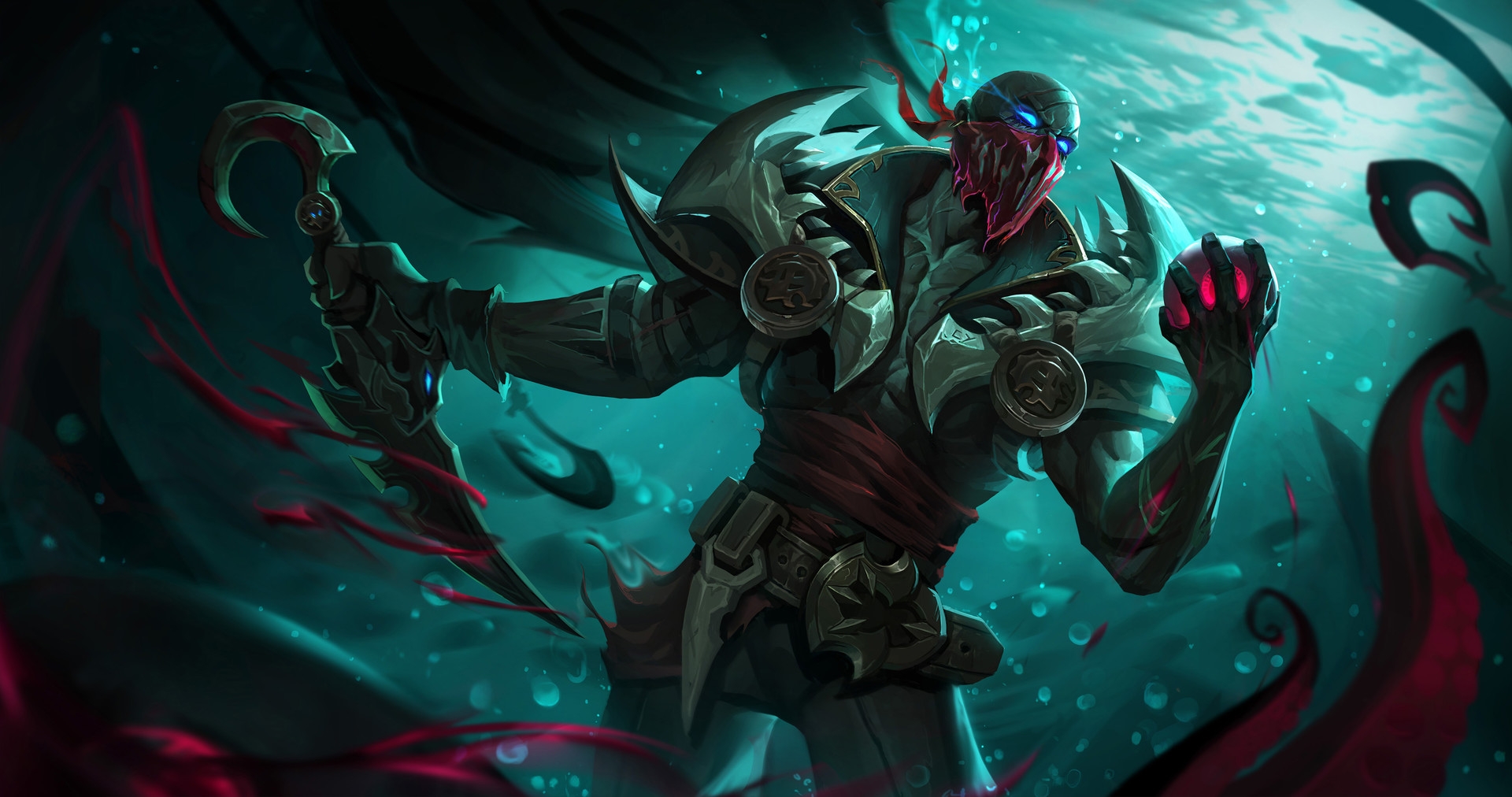 General 1920x1012 League of Legends magic Pyke (league of Legends) turquoise Riot Games video game characters video games blue eyes glowing eyes water underwater in water looking away dagger weapon video game art bubbles sunlight bald video game men