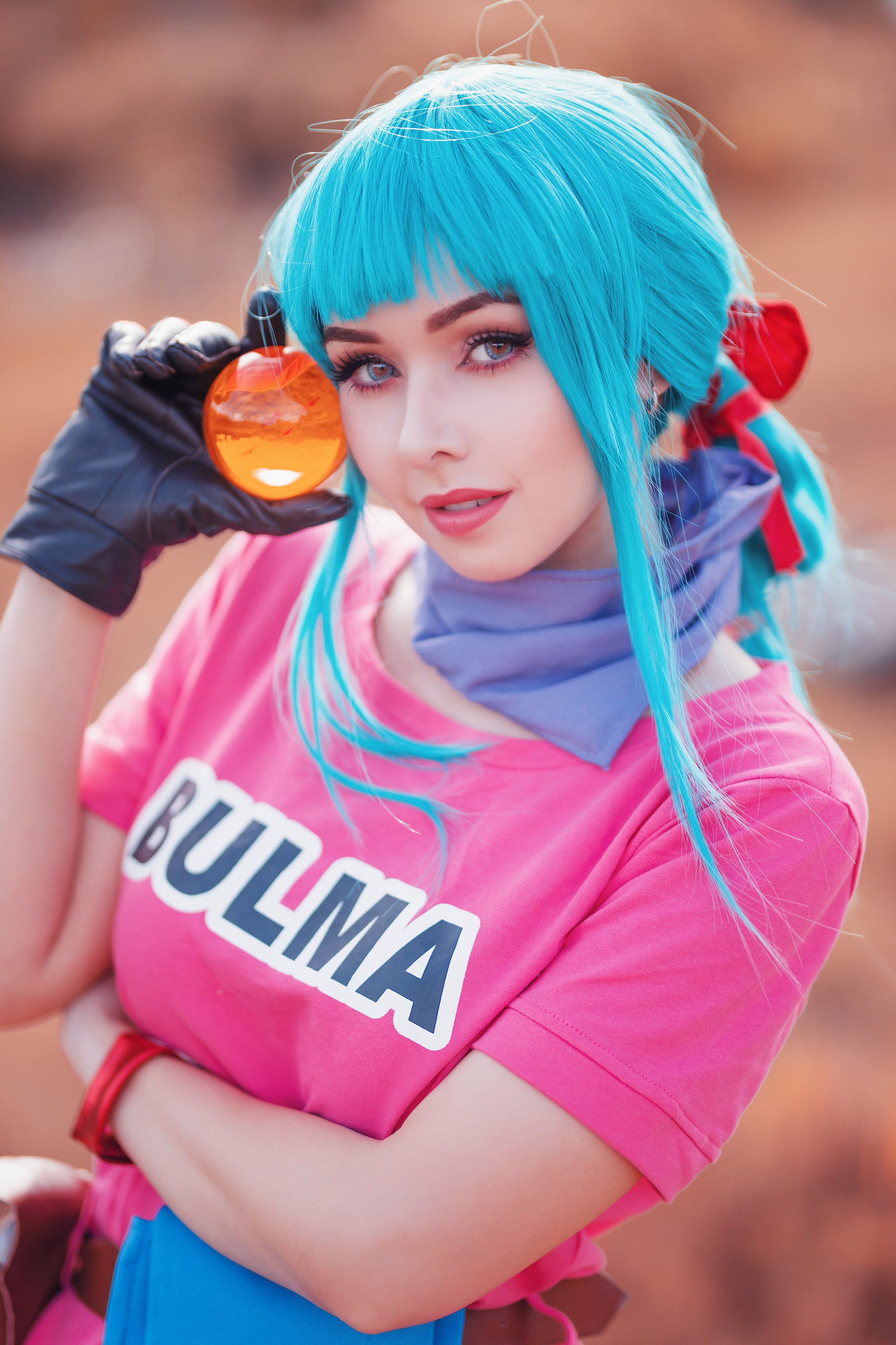 People 2000x3000 Amy Thunderbolt women model blue hair looking at viewer cosplay Bulma Dragon Ball gloves portrait women outdoors T-shirt pink tops