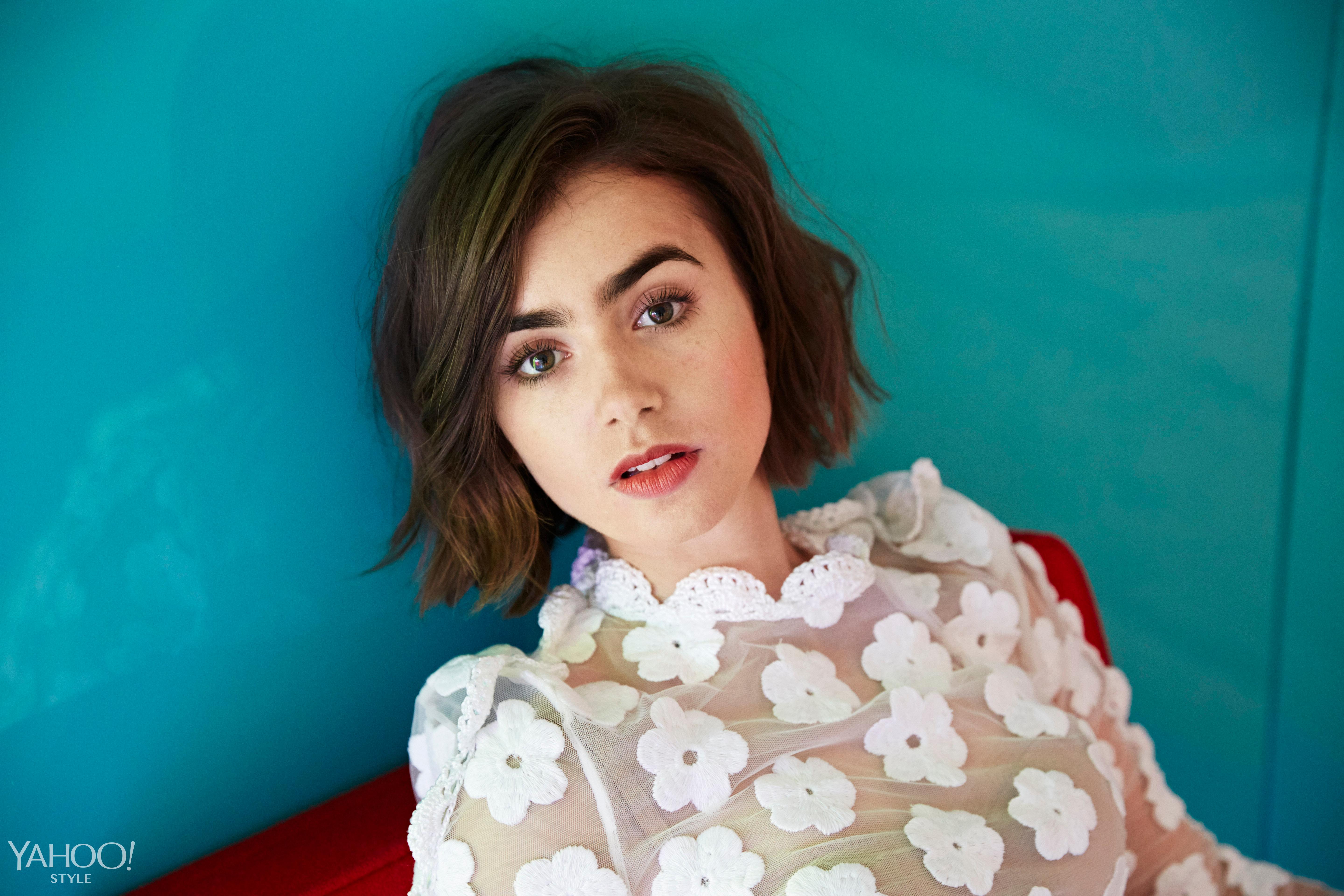 People 5760x3840 Lily Collins actress brunette women celebrity red lipstick short hair looking at viewer women indoors makeup indoors closeup watermarked