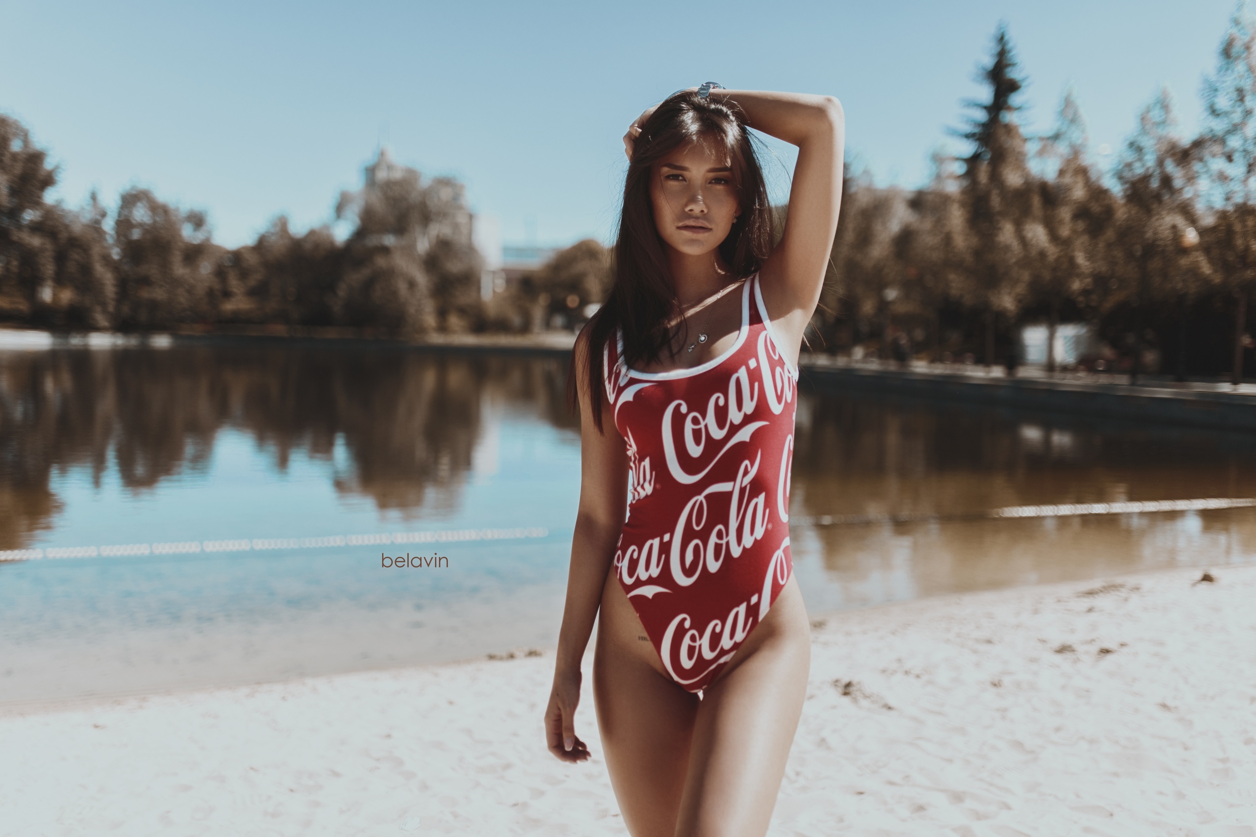 People 2560x1707 women tanned Alexander Belavin Coca-Cola the gap one-piece swimsuit brunette long hair red swimsuit hands in hair looking at viewer armpits outdoors women on beach watermarked