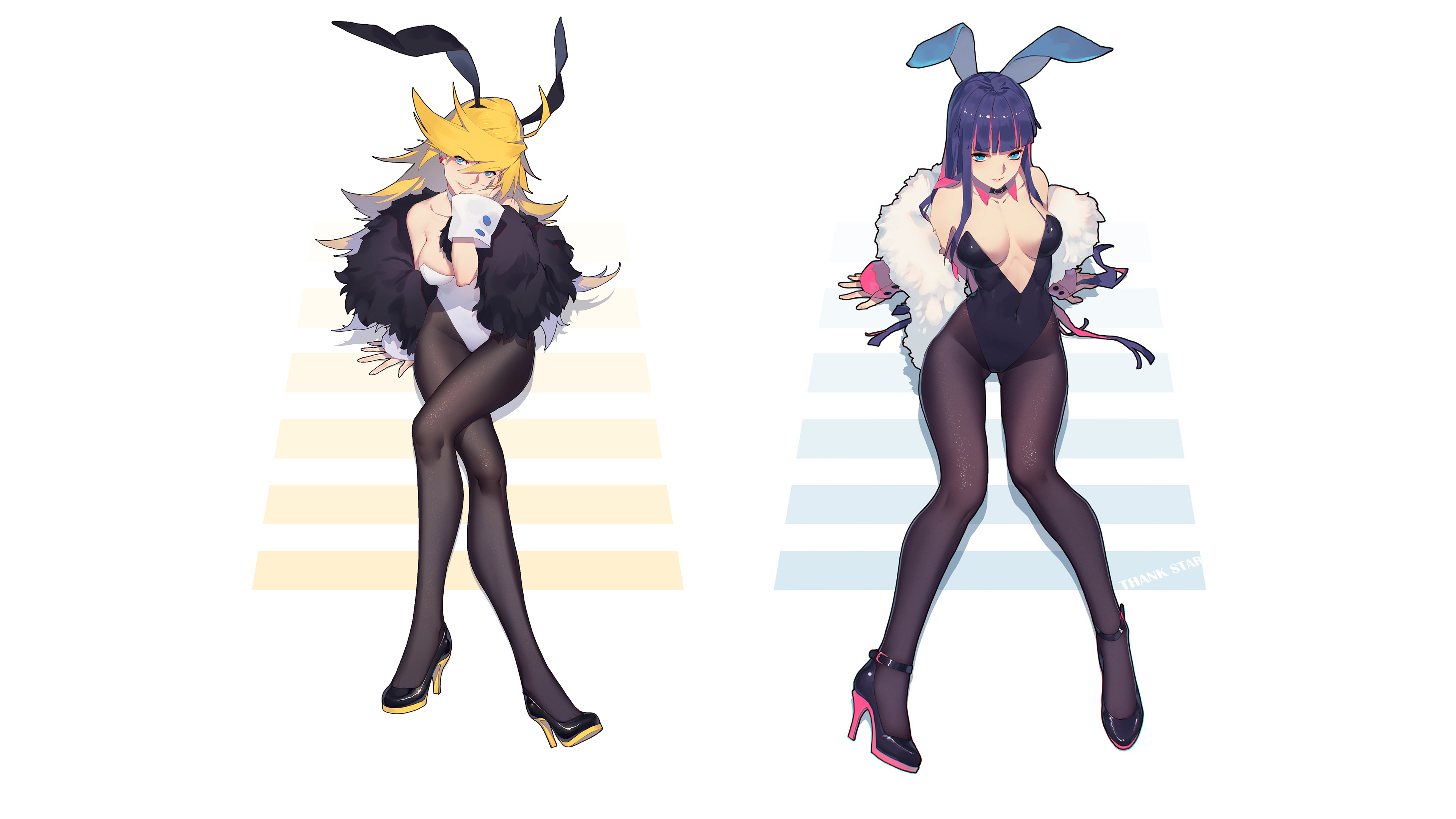 Anime 3840x2160 Panty and Stocking with Garterbelt Anarchy Panty Anarchy Stocking pantyhose bunny girl blonde purple hair blue eyes high heels simple background anime anime girls Thankstar404 bunny suit
