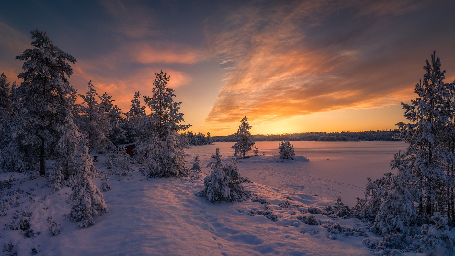 General 1920x1080 Norway winter nature sunset snow frozen lake pine trees