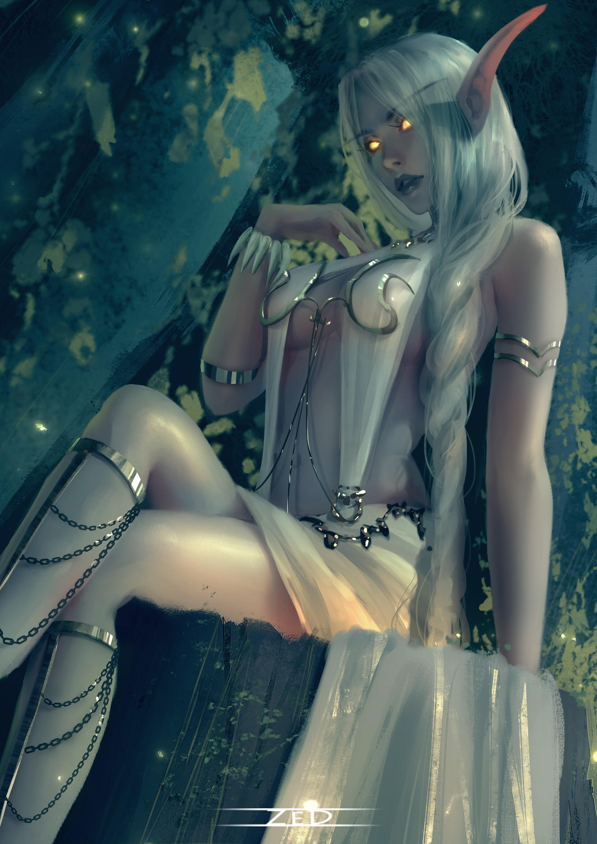 General 1920x2716 Trungbui drawing women elves night elves Warcraft glowing eyes yellow eyes silver hair long hair braids dress skimpy clothes sideboob bracelets armlet chains tree stump forest night low-angle digital art