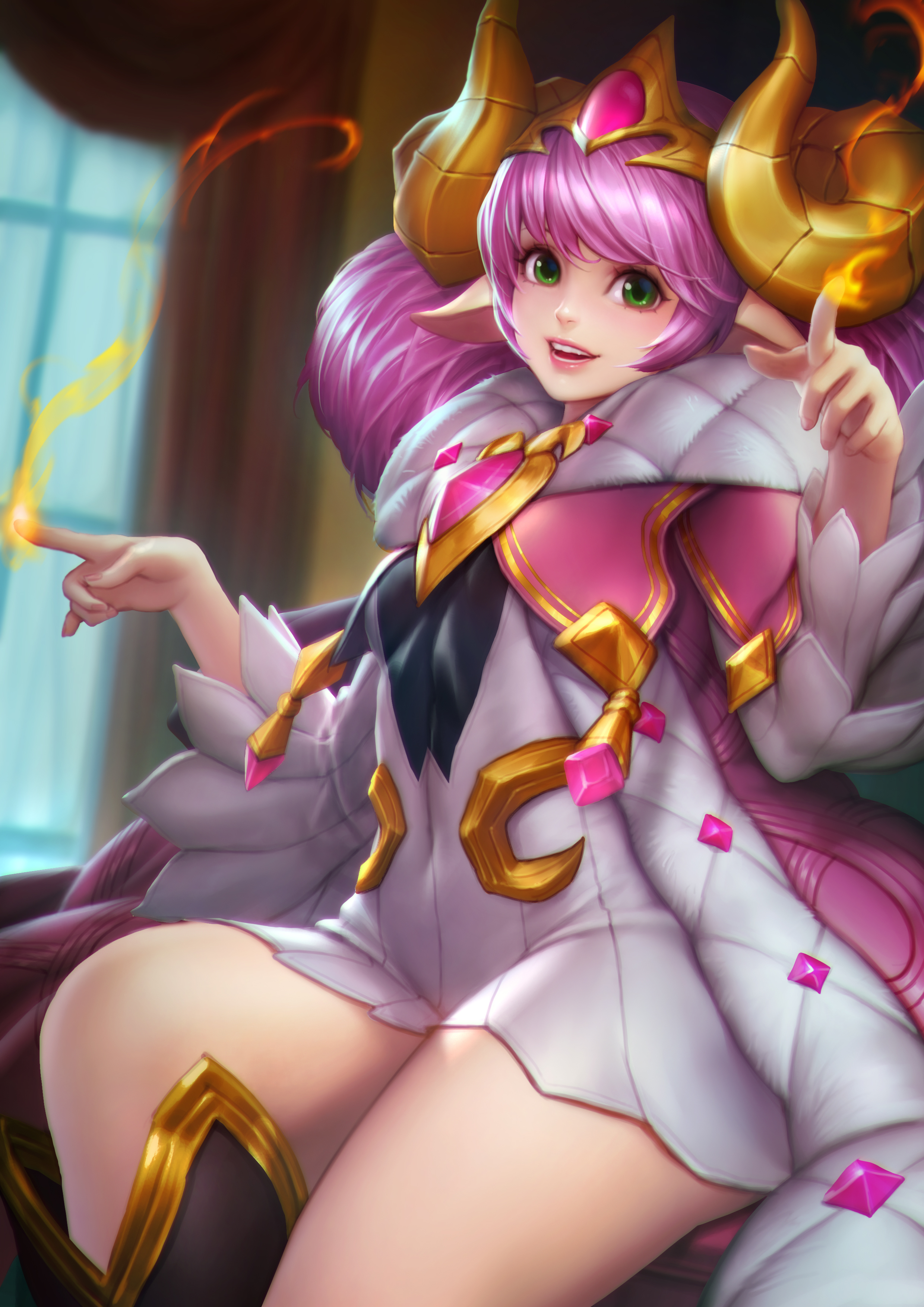 Anime 2480x3508 Arena of Valor Alice video games video game characters video game girls women fantasy girl horns pink hair fire dress jewelry sitting thick thigh coats green eyes looking at viewer smiling depth of field portrait display artwork drawing digital art illustration 2D fan art NeoArtCorE (artist) anime girls anime