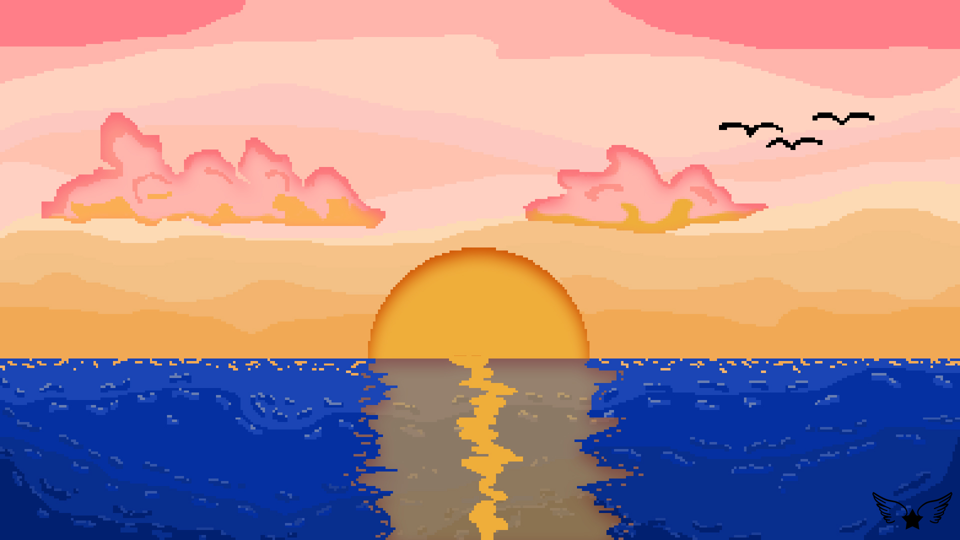 General 1920x1080 pixel art sunset clouds sea blue pink digital art