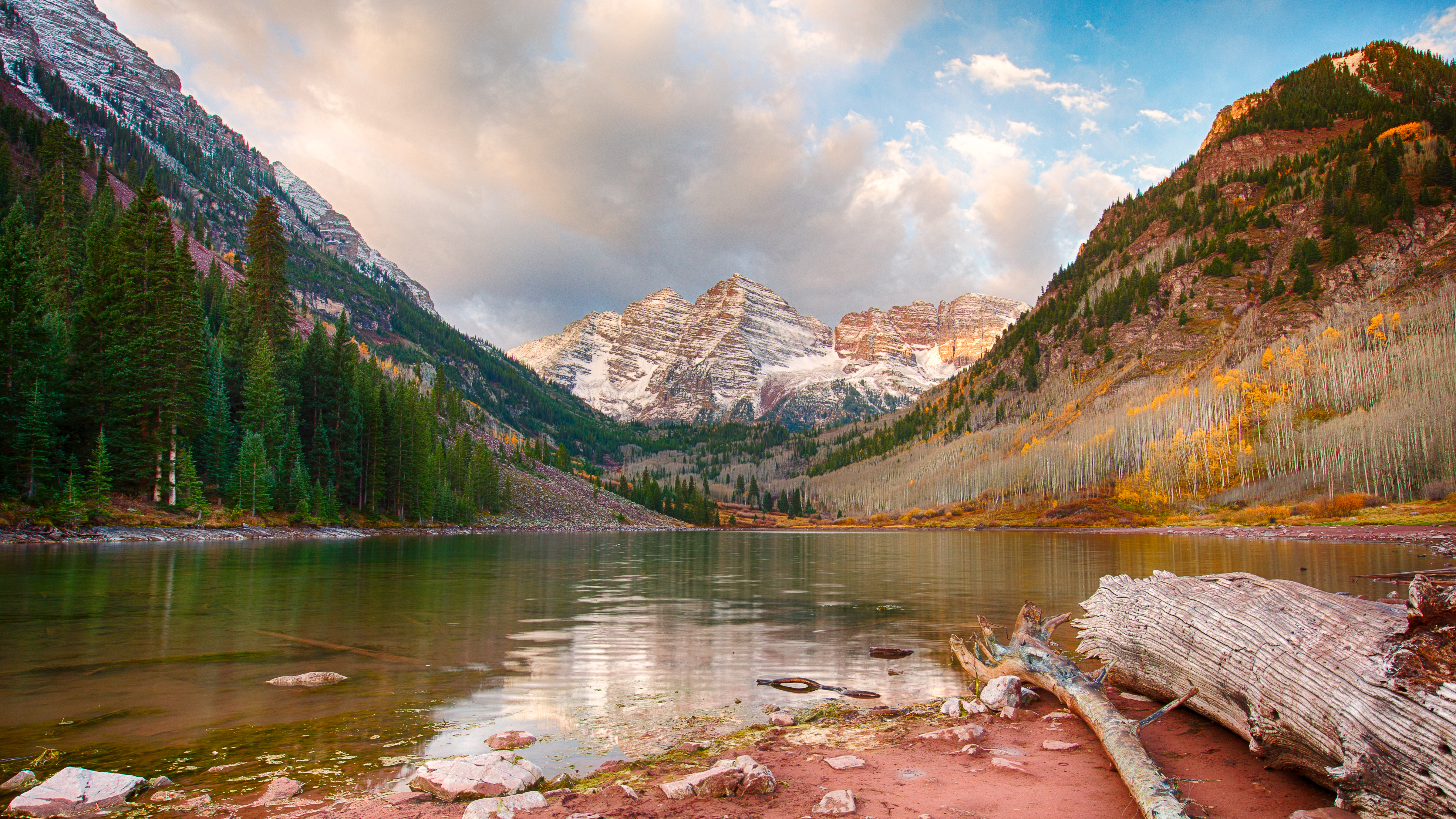 General 4800x2700 Colorado USA Aspen Maroon Bells mountains nature lake water reflection trees trunks log tree trunk sky clouds
