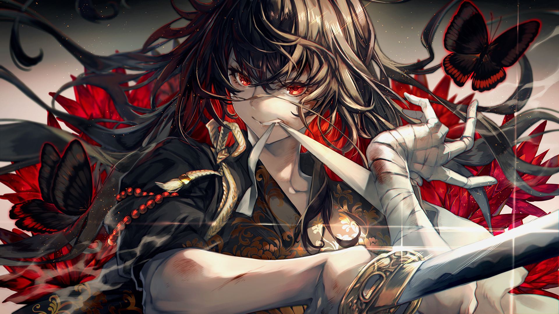 Anime 1920x1080 long hair red eyes sword black hair red flowers red leaves bandage butterfly anime