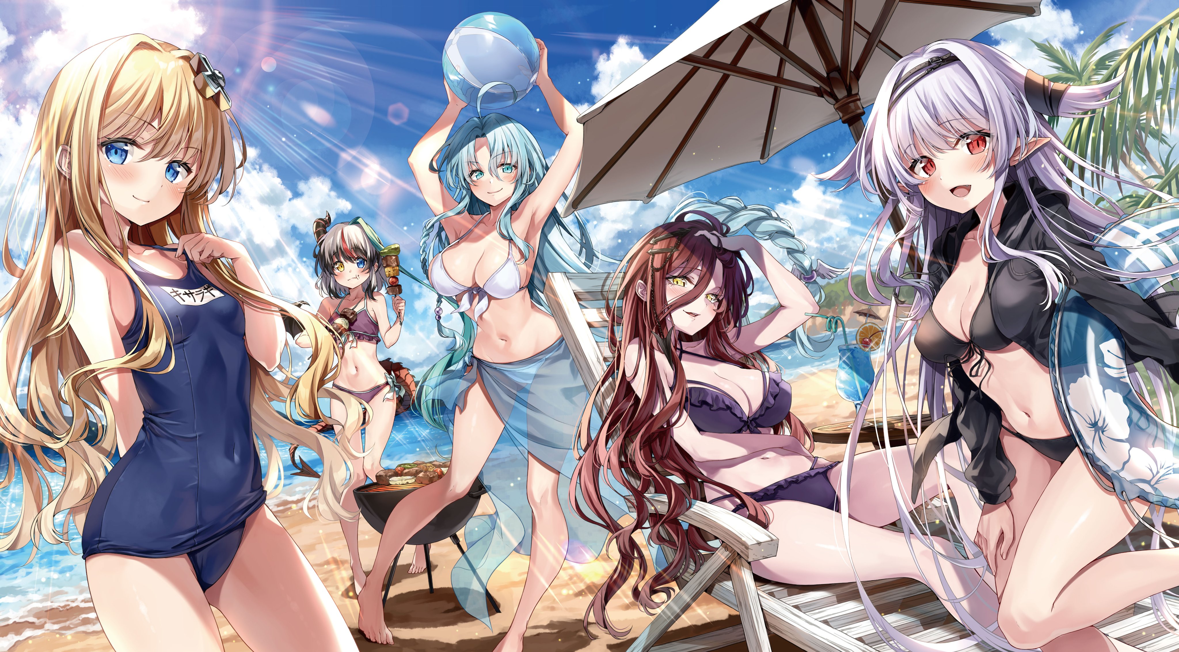 Anime 4096x2267 anime girls anime digital art artwork 2D portrait Kakao Rantan beach swimwear bikini school swimsuits cleavage