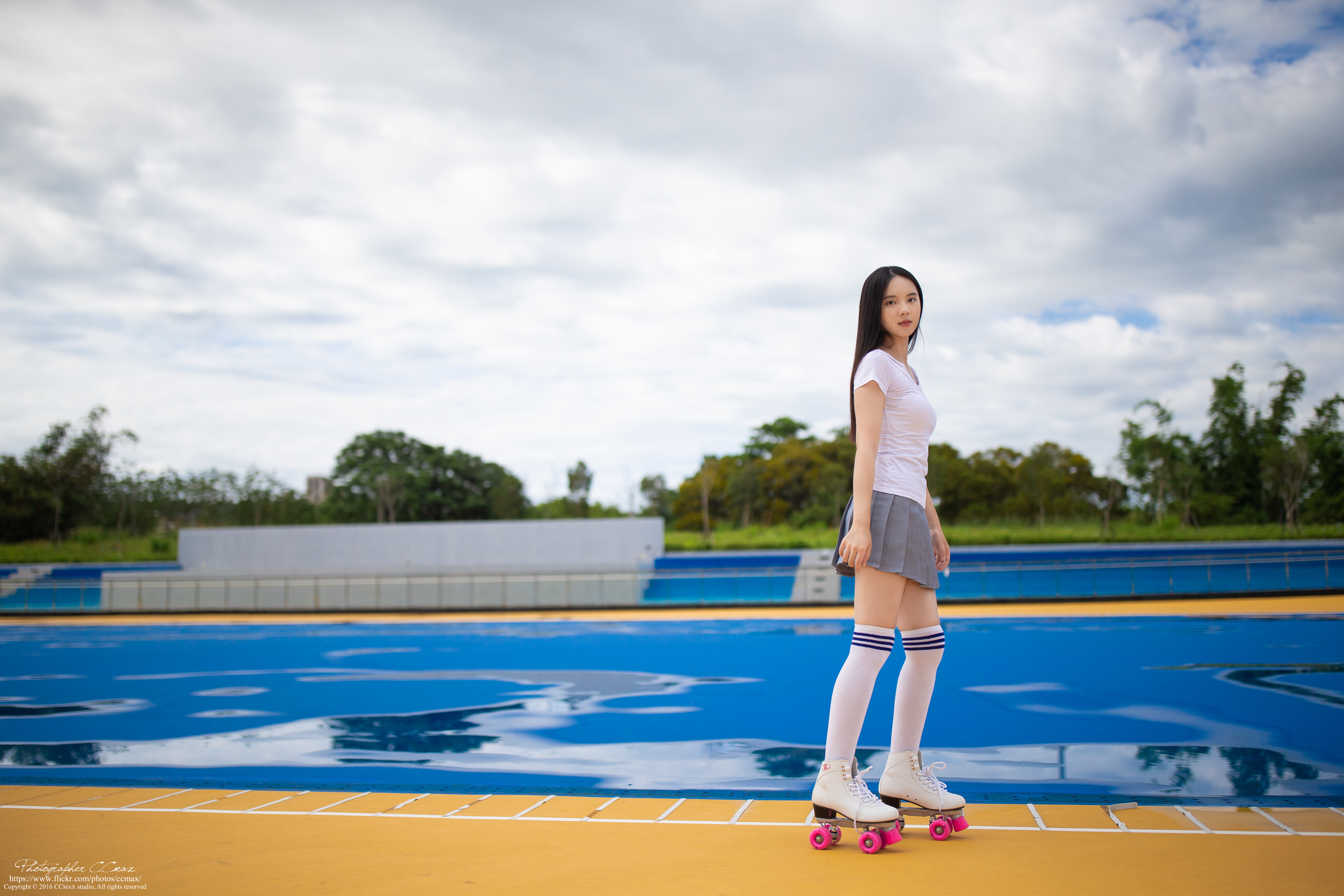 People 5184x3456 Asian model women long hair brunette roller skates skirt shirt school uniform knee high socks