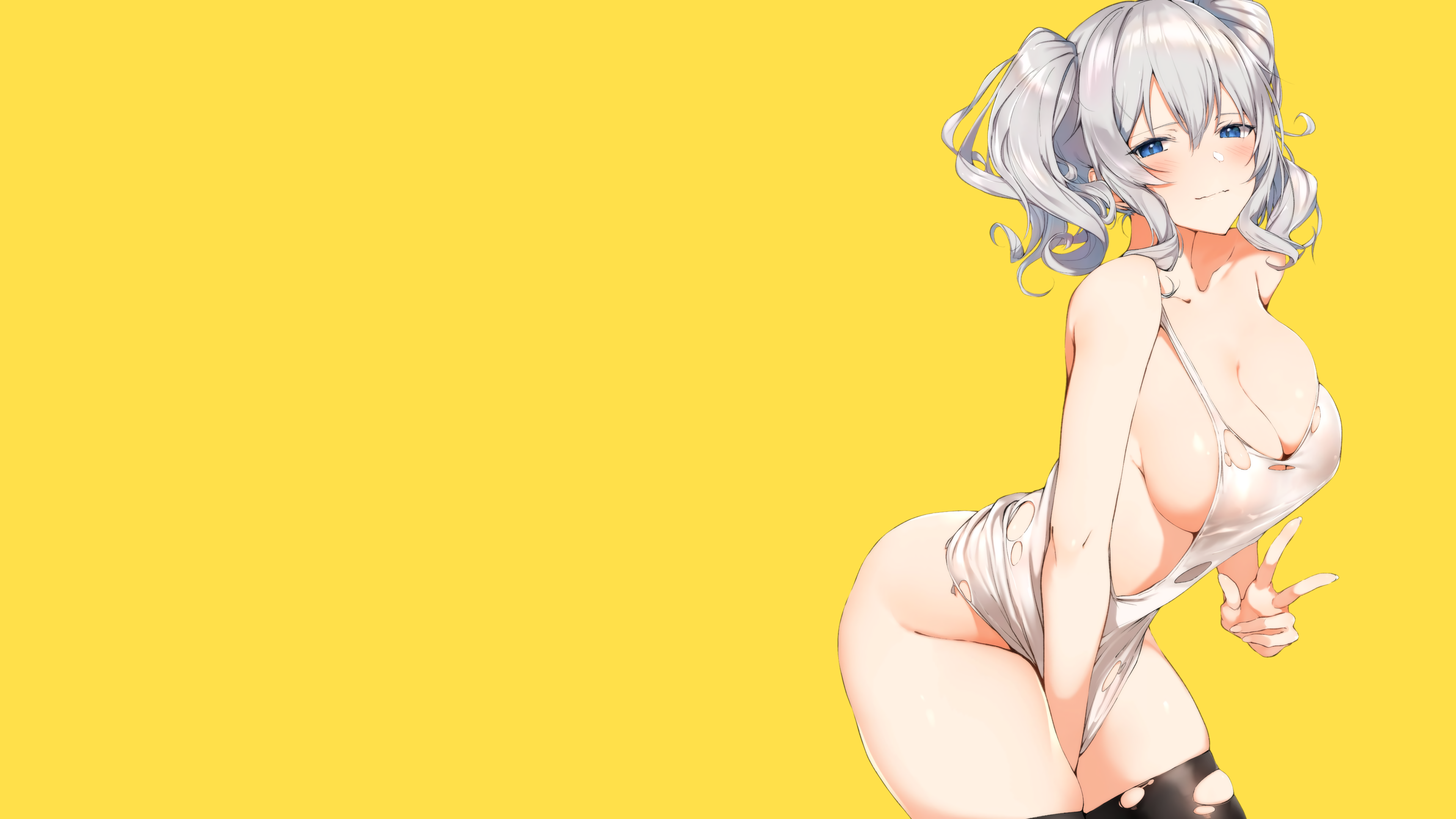 Anime 3840x2160 Kantai Collection Kashima (KanColle) bottomless yellow background sideboob leaning big boobs silver hair thighs wide hips Hechi stockings tank top no bra hand between legs torn clothes anime girls partially clothed