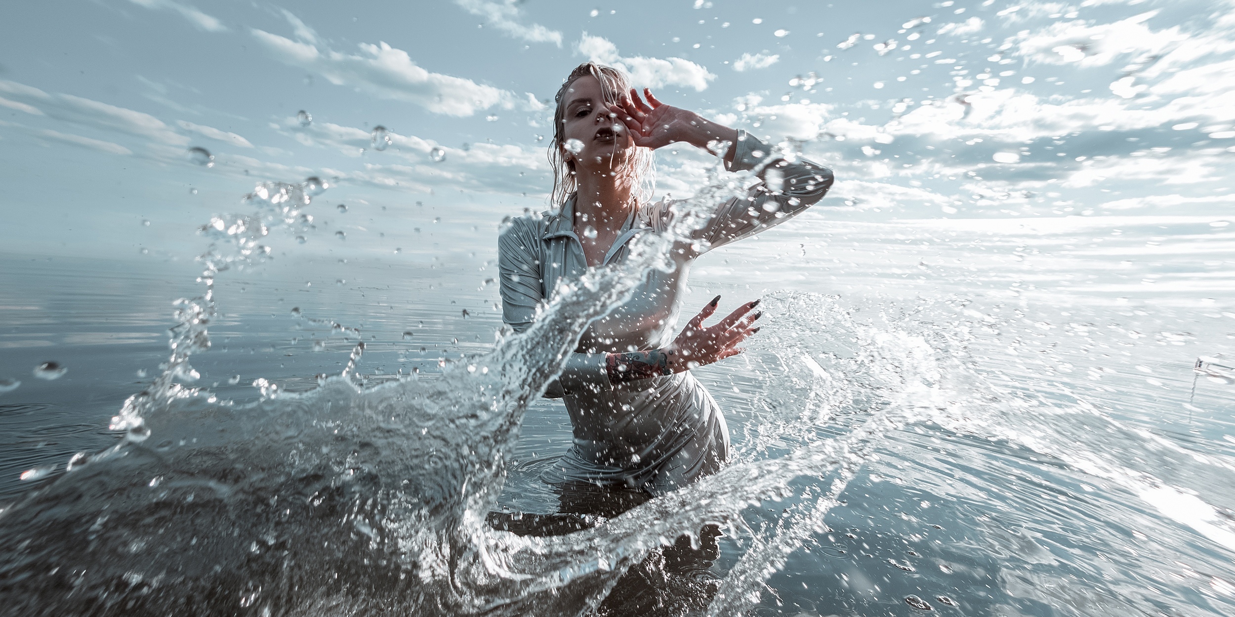 People 2500x1250 women model women outdoors water water splash wet body wet hair wet clothing