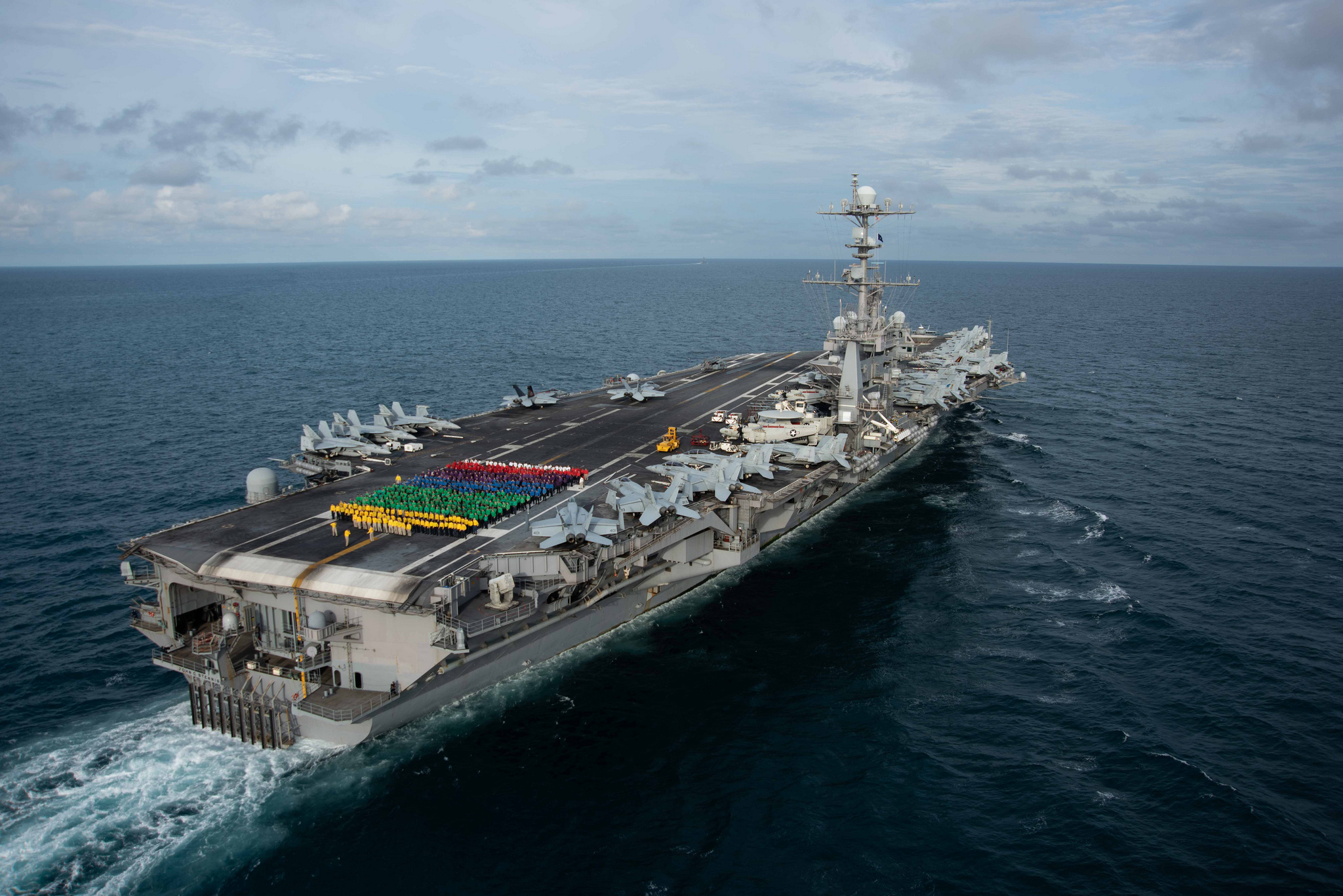 General 2048x1367 United States Navy military aircraft carrier vehicle warship USS John C. Stennis (CVN-74) ship flight deck Crew standing sailors aerial view rear view 2019 (year) Indian Ocean