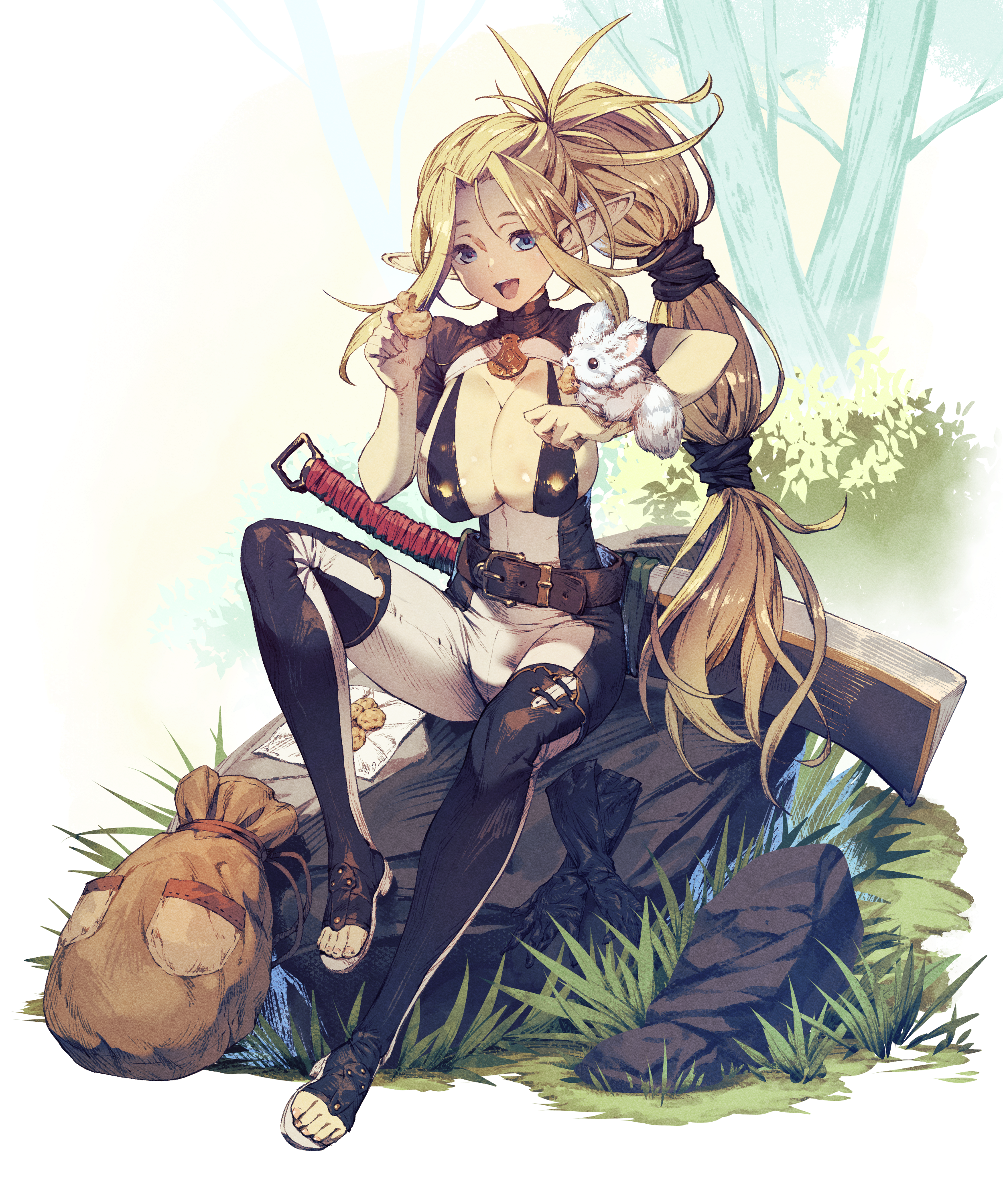 Anime 2500x3000 elves fantasy girl pointy ears women anime girls blonde ponytail long hair blue eyes open mouth happy cleavage big boobs sitting thigh-highs belt sword rocks cookies animals forest anime original characters artwork drawing 2D digital art illustration Chyko weapon