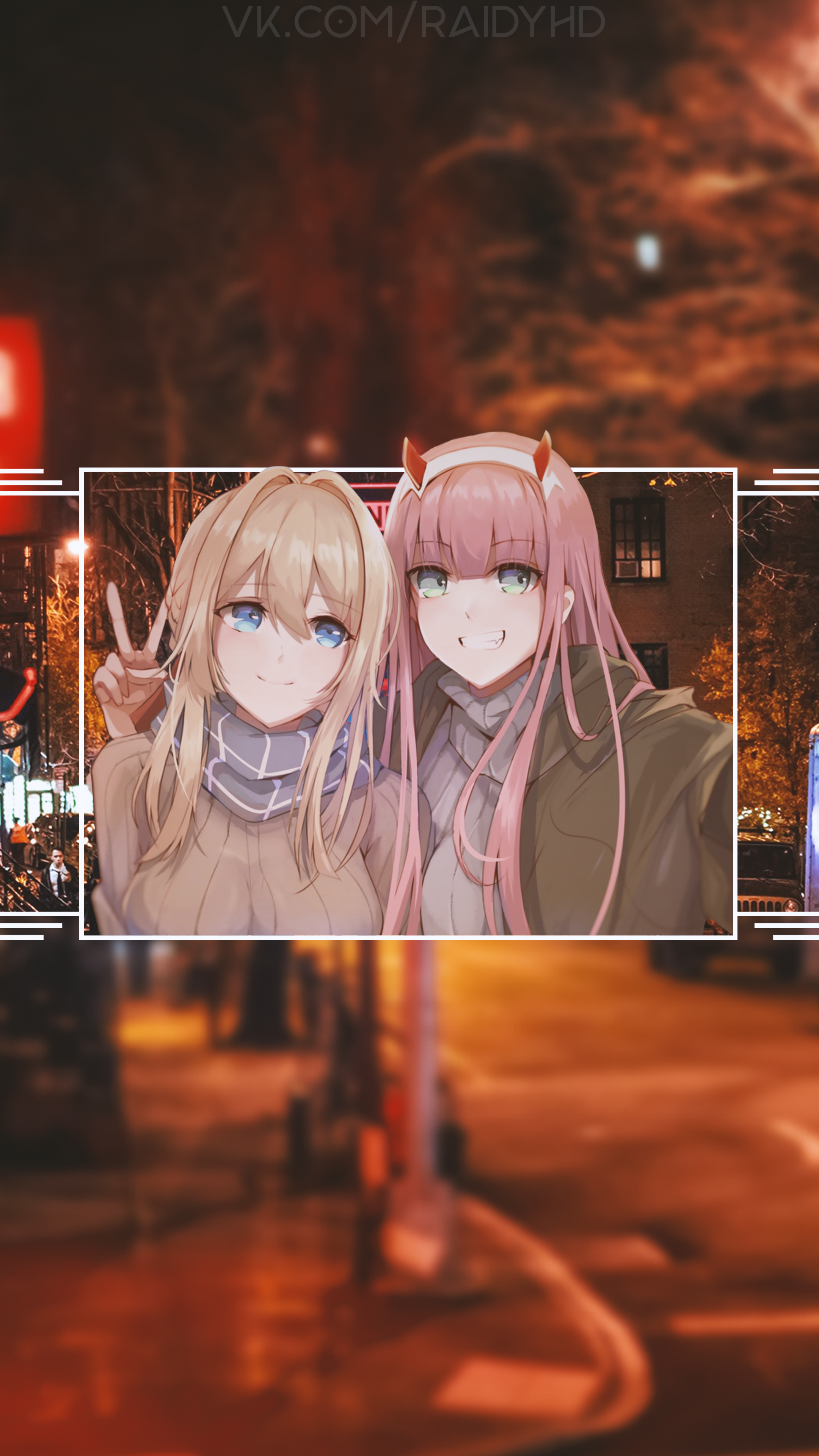 Anime 2160x3840 Zero Two (Darling in the FranXX) Violet Evergarden anime hand gesture two women anime girls blonde pink hair smiling aqua eyes