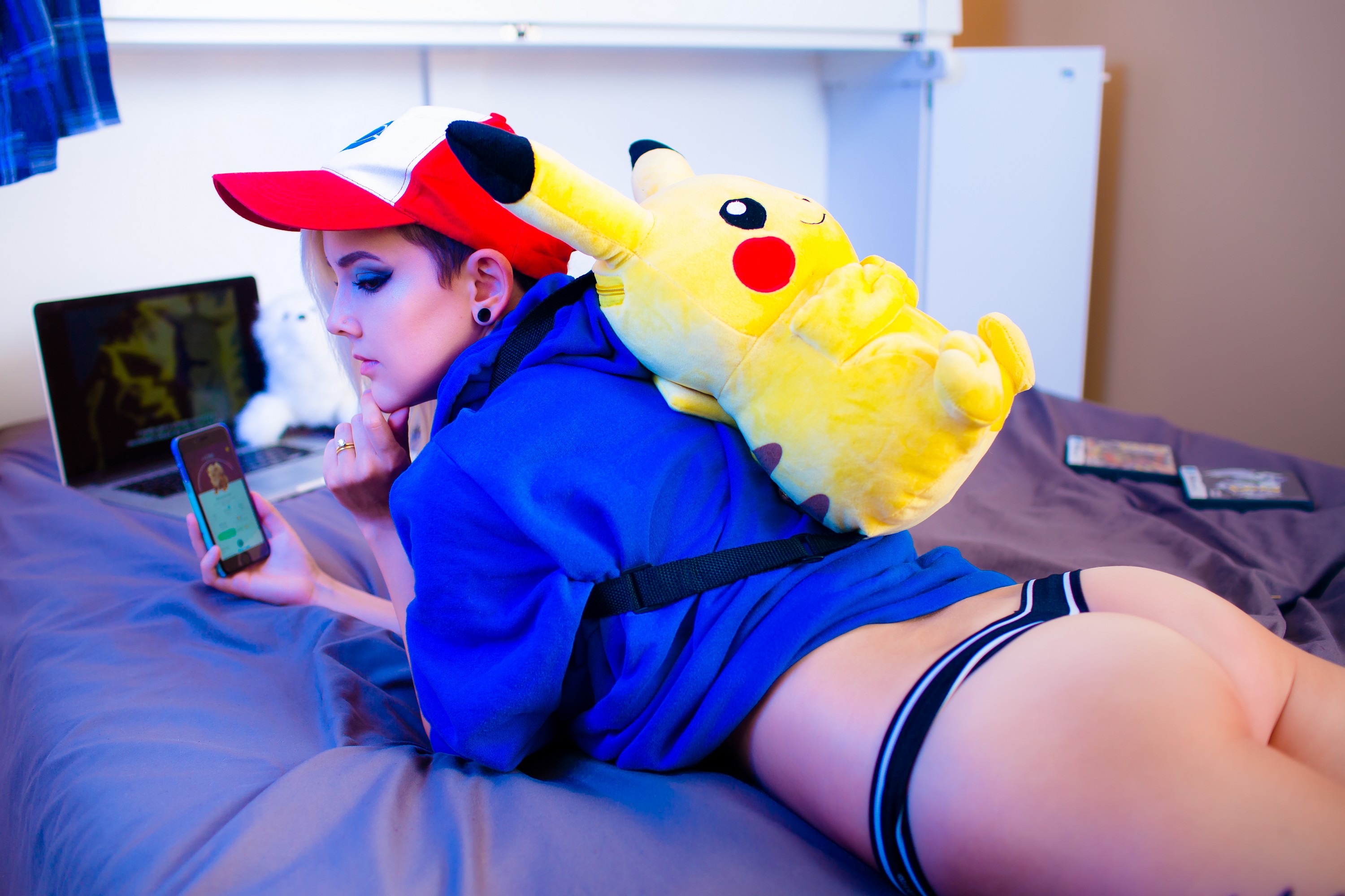 People 3000x2000 Darshelle Stevens ass Pokémon Go thong cosplay lying on front women Pokémon hat Pikachu bed lying down earring phone holding phone Nintendo video games laptop women indoors indoors in bed rings
