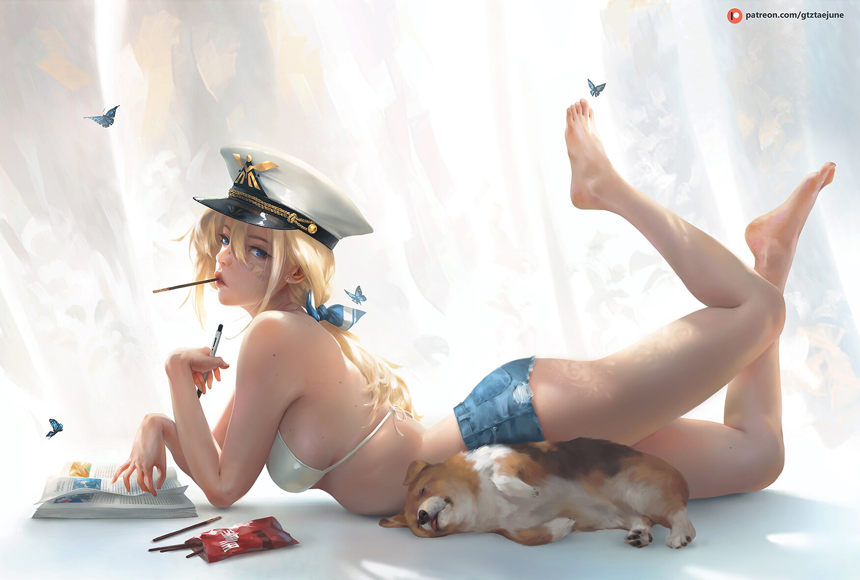 Anime 1750x1181 Taejune Kim anime girls captain  women blonde blue eyes looking at viewer band-aid sweets books smug face bikini top jean shorts high waisted shorts feet in the air barefoot lying on front side view butterfly white background artwork drawing digital art original characters dog animals pet ponytail hair bows anime peaked cap Military Hat