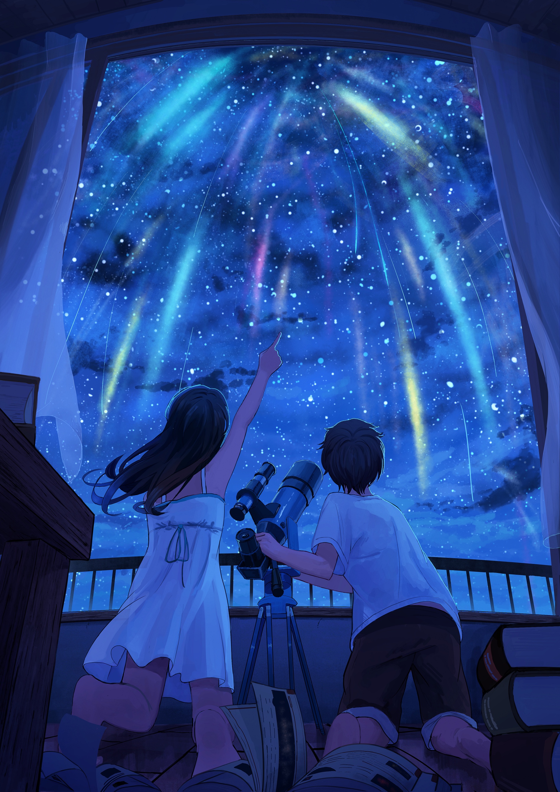 Anime 1900x2687 anime stars night telescope finger pointing books lights window curtains shooting stars balcony sky low-angle