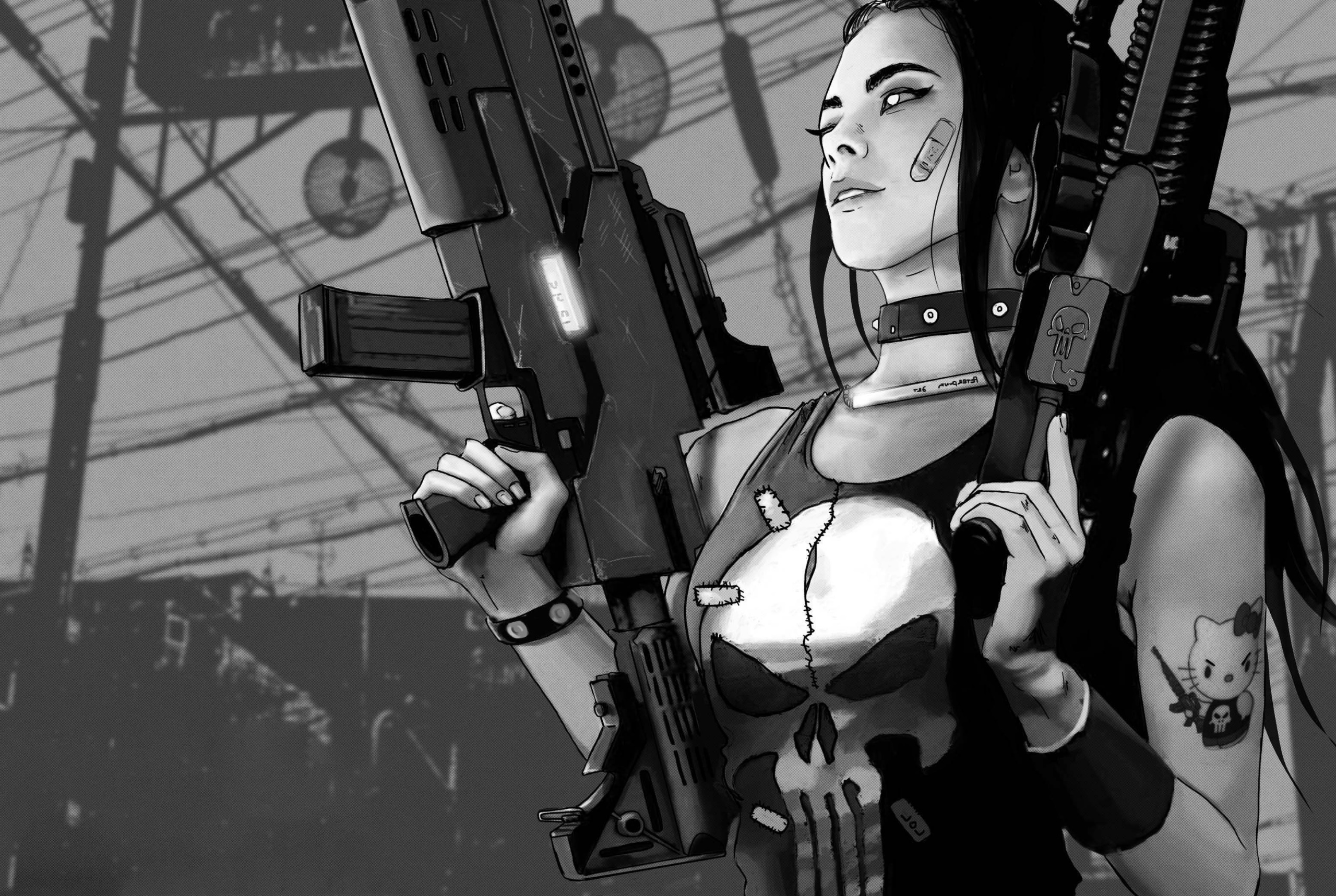 General 2560x1718 cyberpunk artwork women weapon monochrome Petri Rahkola